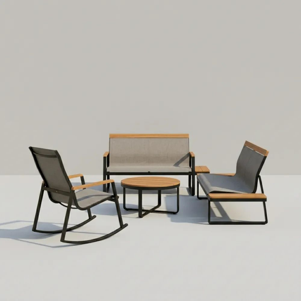 Conjunto de Muebles de Exterior con Estructura de Acero, Asiento de Textilene Gris y Detalles de Madera-Homeluxeu