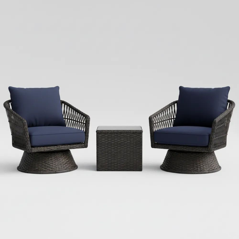 Conjunto de Exterior con Sillas Giratorias de Ratán y Cojines de Poliéster Azul Marino