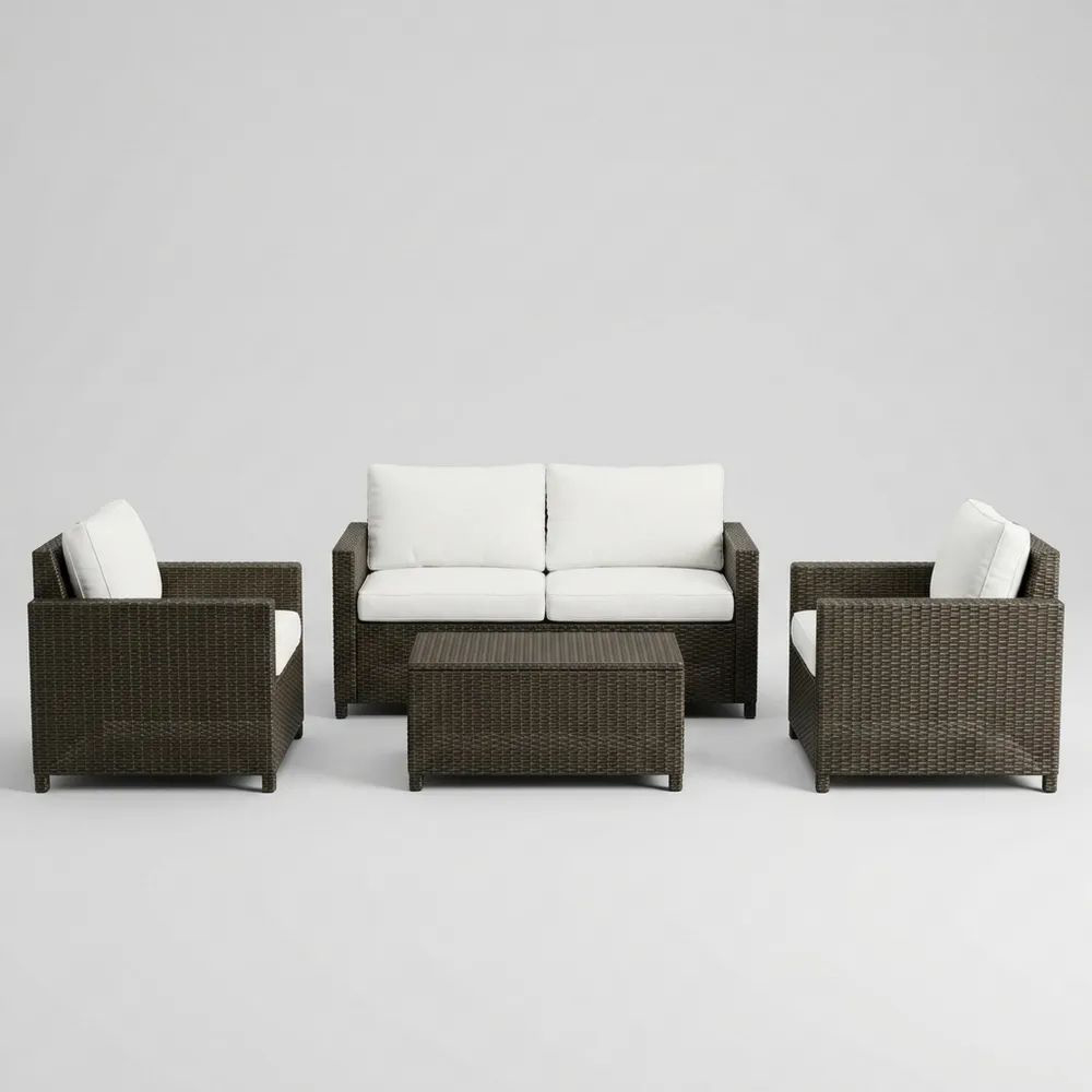 Conjunto de Muebles de Jardín de Ratán con Cojines de Poliéster Blanco