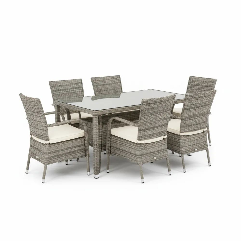 Conjunto de comedor de ratán sintético con vidrio templado, 6 sillas, Gris/Beige