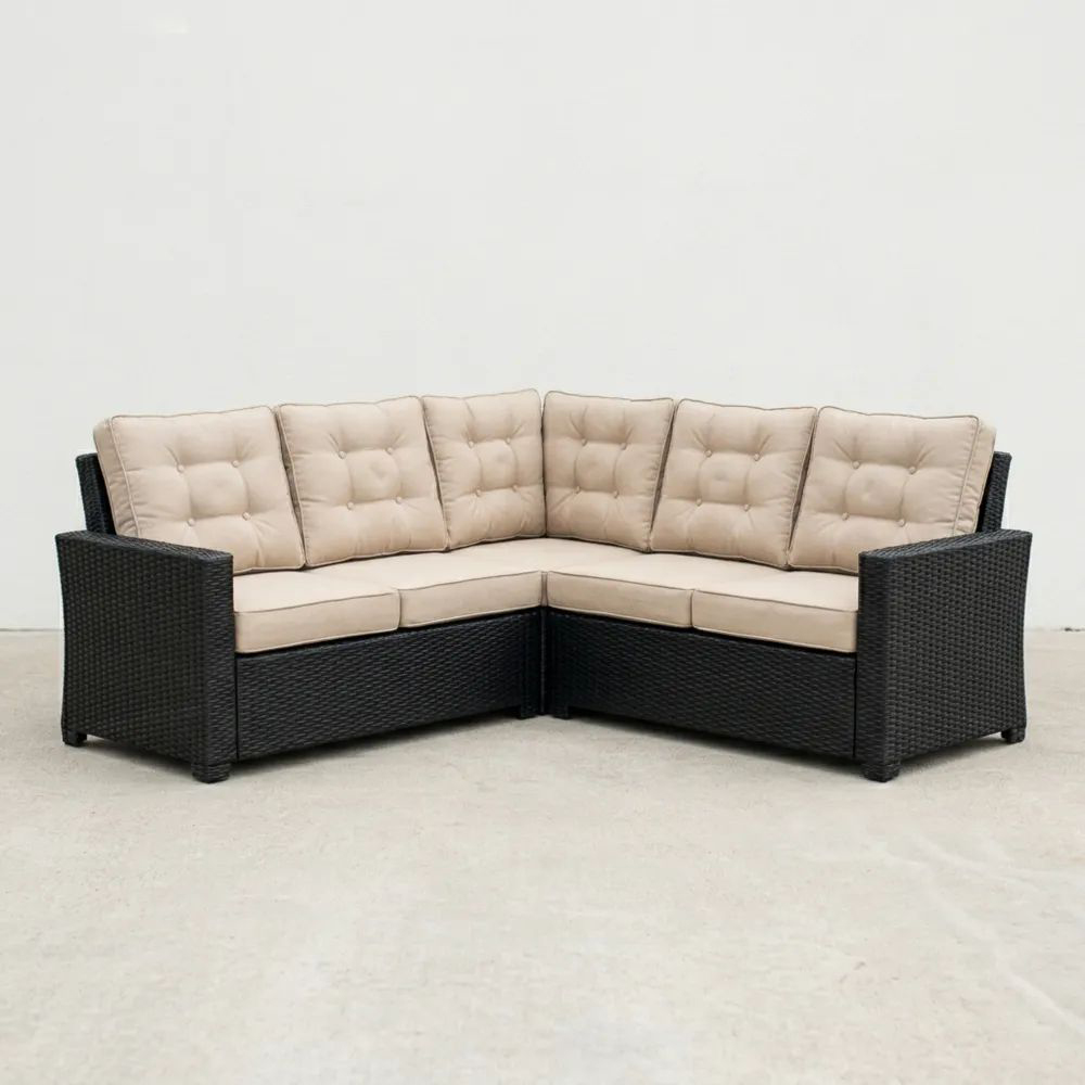 Sofá Esquinero de Ratán Sintético Negro con Cojines Beige