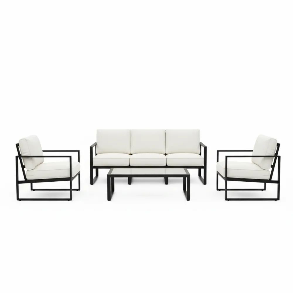 Juego de Muebles de Exterior con Sofá de 3 Plazas, Sillones y Mesa, Estructura de Metal, Cojines de Poliéster-Homeluxeu