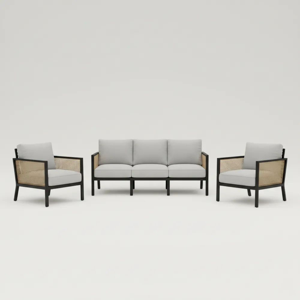 Conjunto de Sofá y Sillones de Madera y Ratán Color Gris y Negro