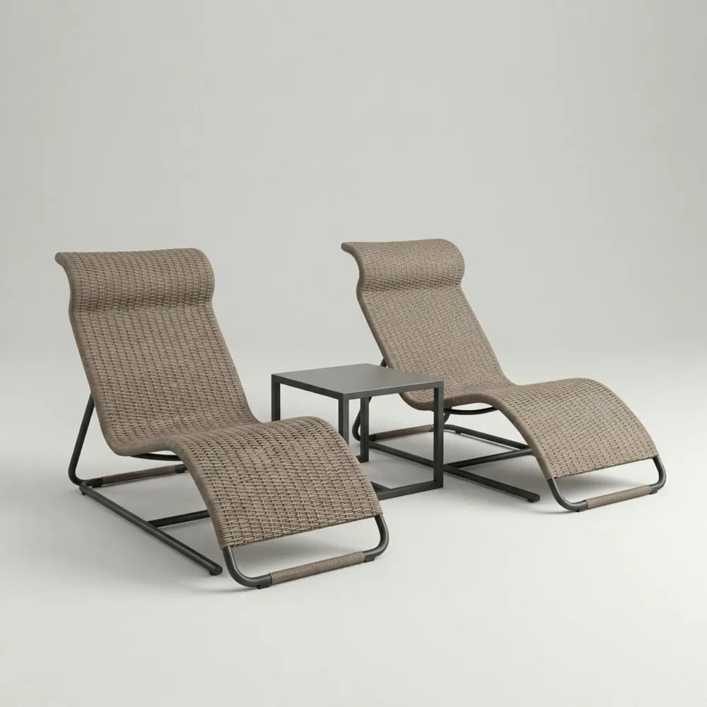 Conjunto de Tumbonas de Ratán Sintético Marrón y Mesa de Acero