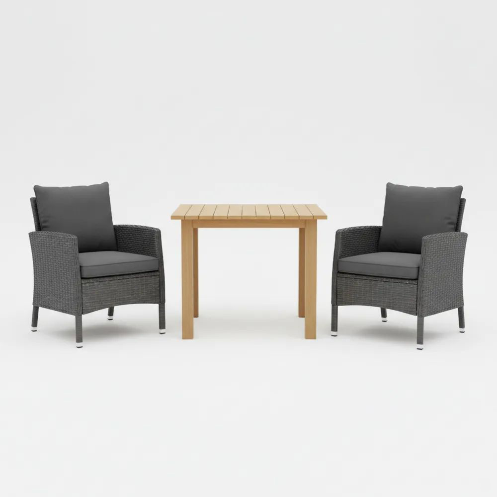 Juego de muebles de exterior ratán sintético y madera dos sillas con cojines grises
