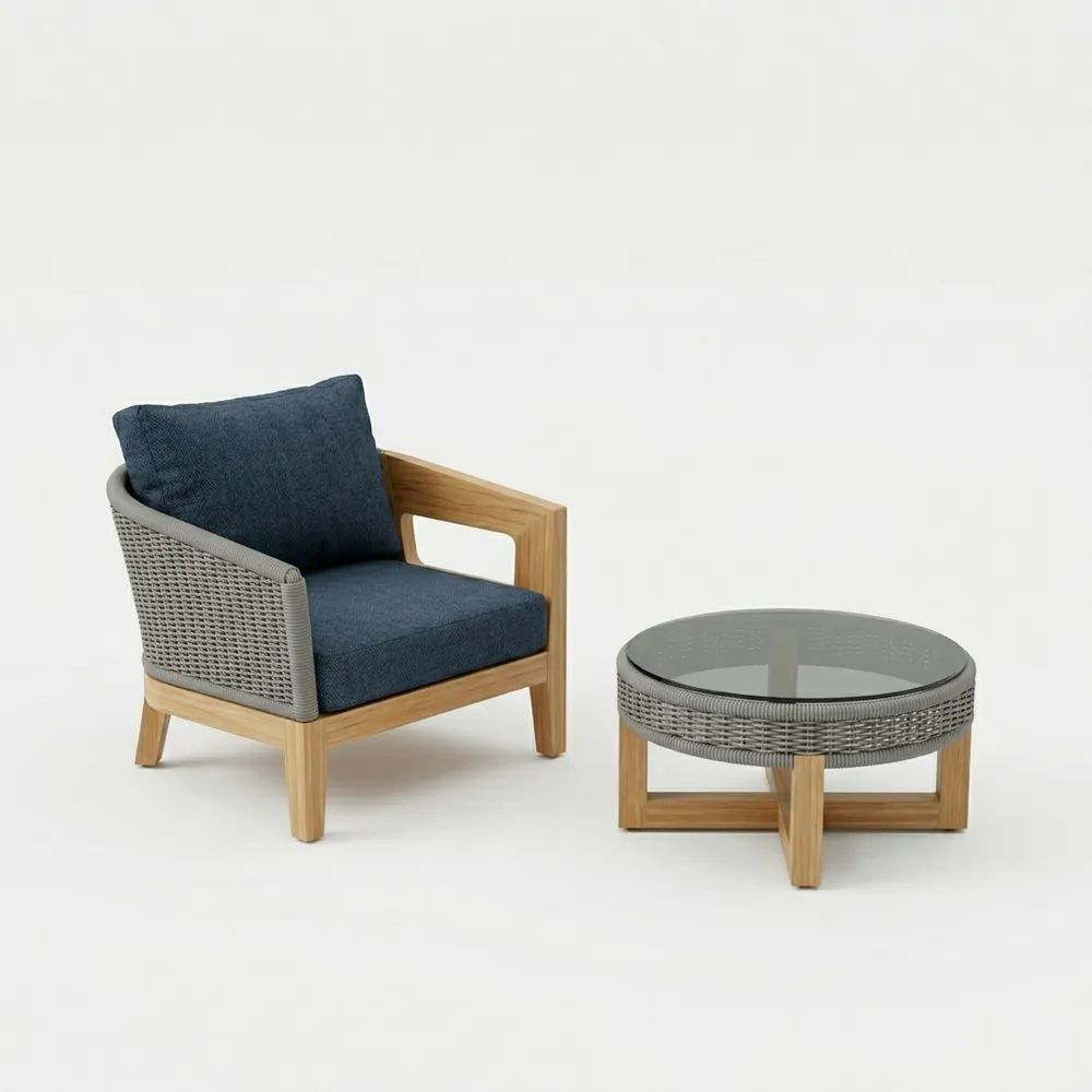 Sillón y Mesa de Centro de Madera Teca y Ratán Sintético con Funda de Poliéster y Vidrio Templado de 8m-Homeluxeu