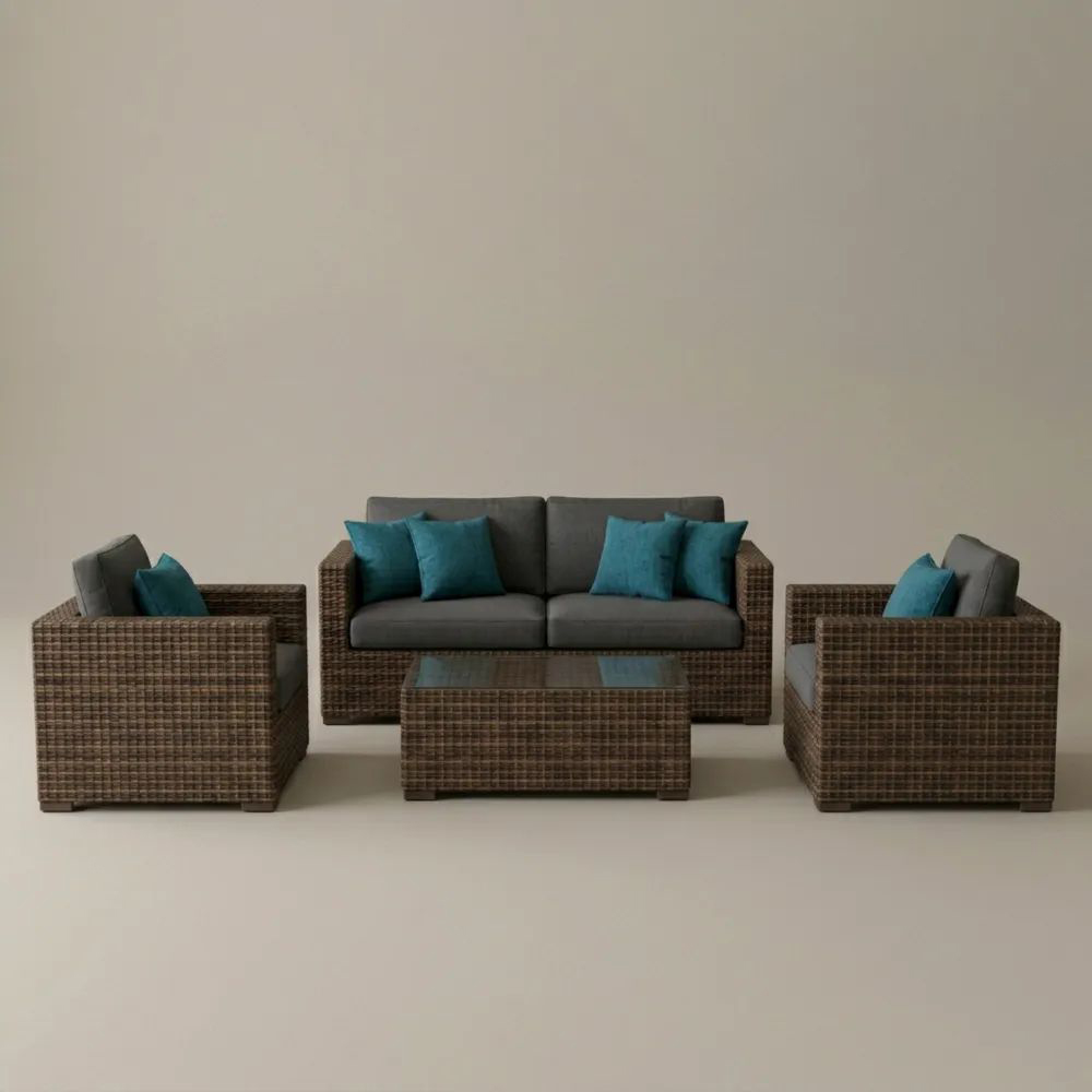 Conjunto de Muebles de Ratán PE con Mesa de Vidrio Templado Marrón/Azul