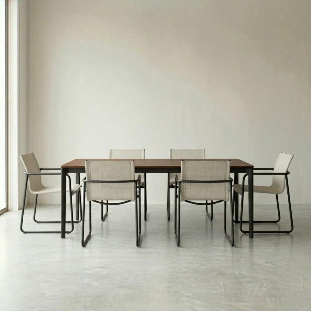 Mesa de Comedor de Madera de Nogal y Acero Inoxidable con 6 Sillas