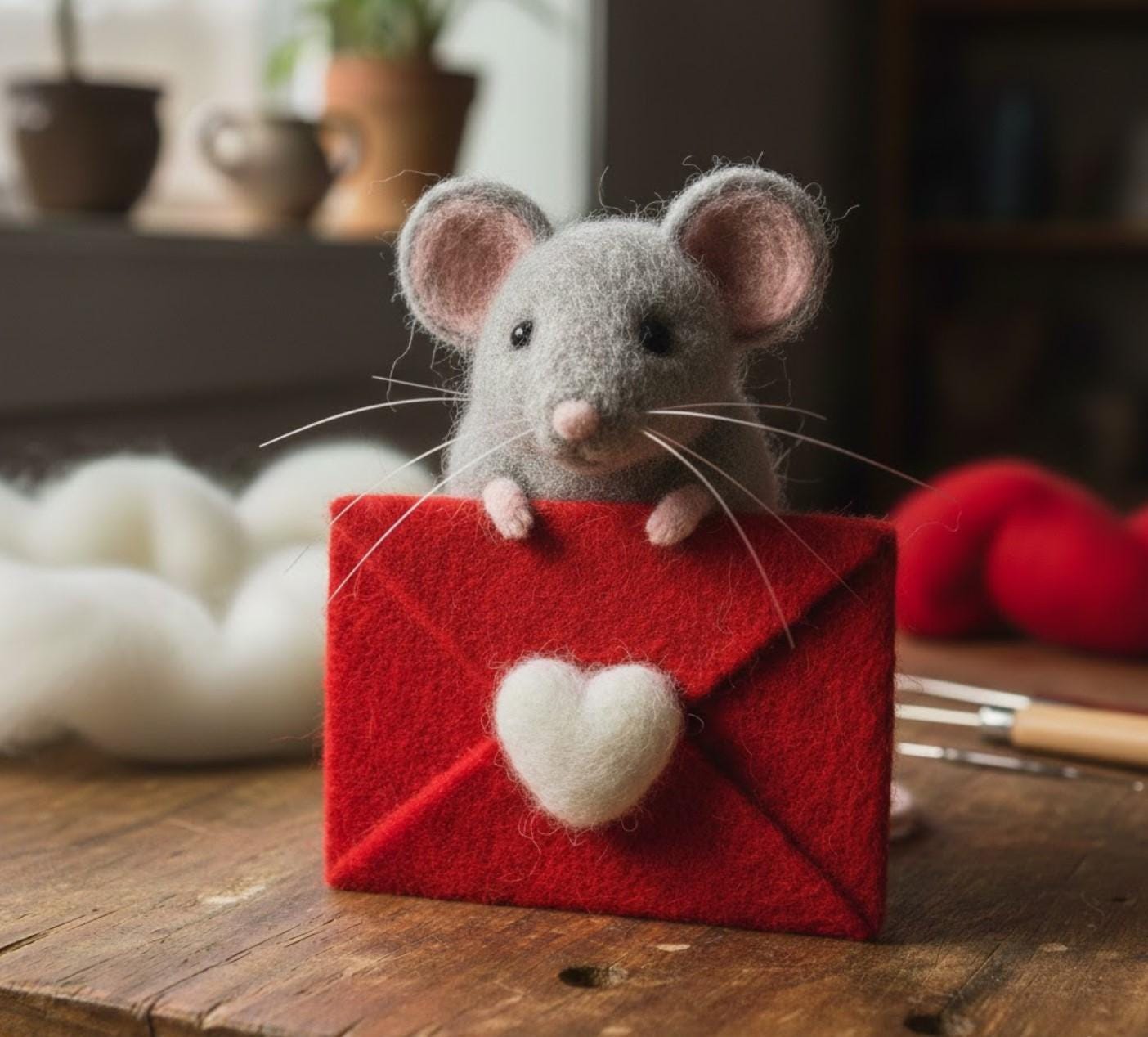 Needle Felted Mouse Figurine with Heart Wool Decor