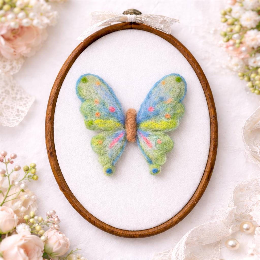 Needle Felted Embroidered Butterfly Portrait Wall Hanging