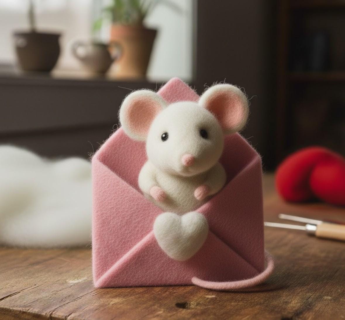 Needle Felted Mouse Figurine with Heart Wool Decor