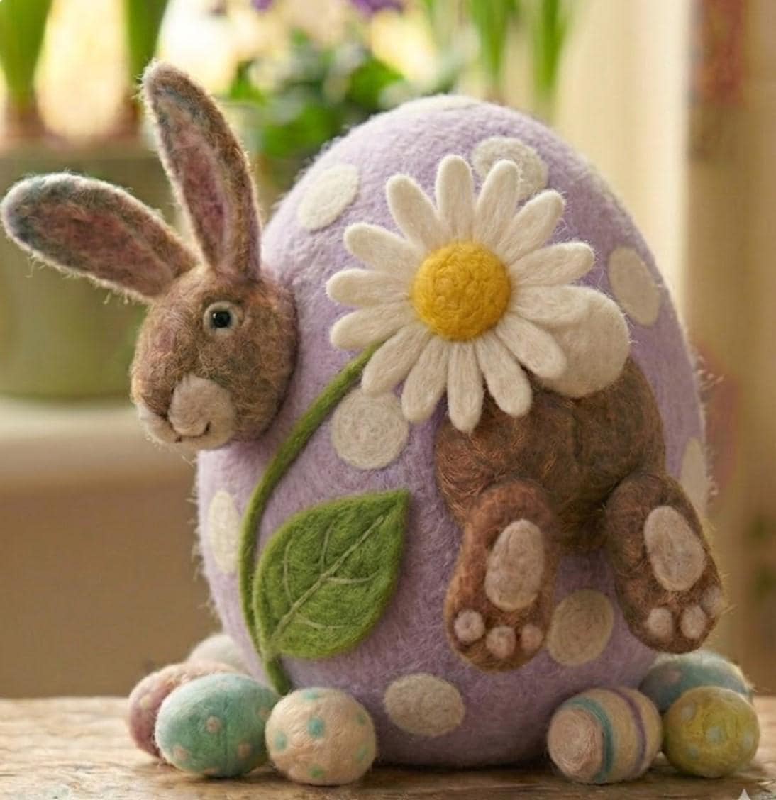 Handmade Wool Felt Bunny Egg Needle Felted with Daisy Flower Detail