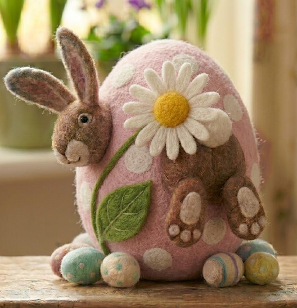 Handmade Wool Felt Bunny Egg Needle Felted with Daisy Flower Detail