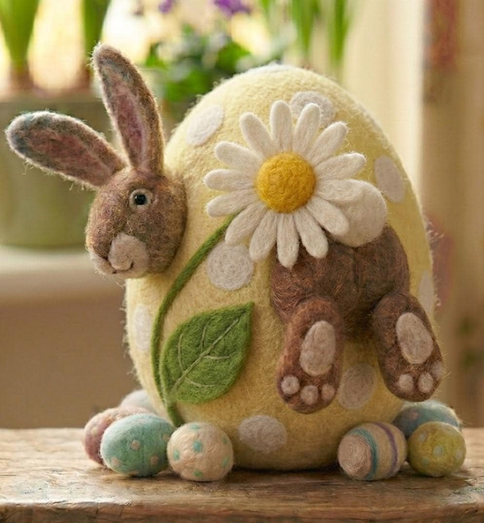 Handmade Wool Felt Bunny Egg Needle Felted with Daisy Flower Detail