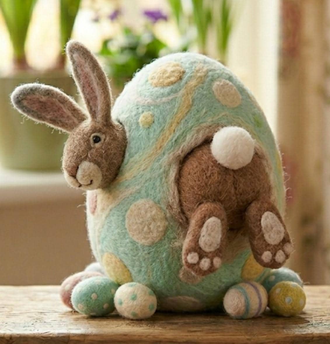 Handmade Wool Felt Bunny Egg Needle Felted with Daisy Flower Detail