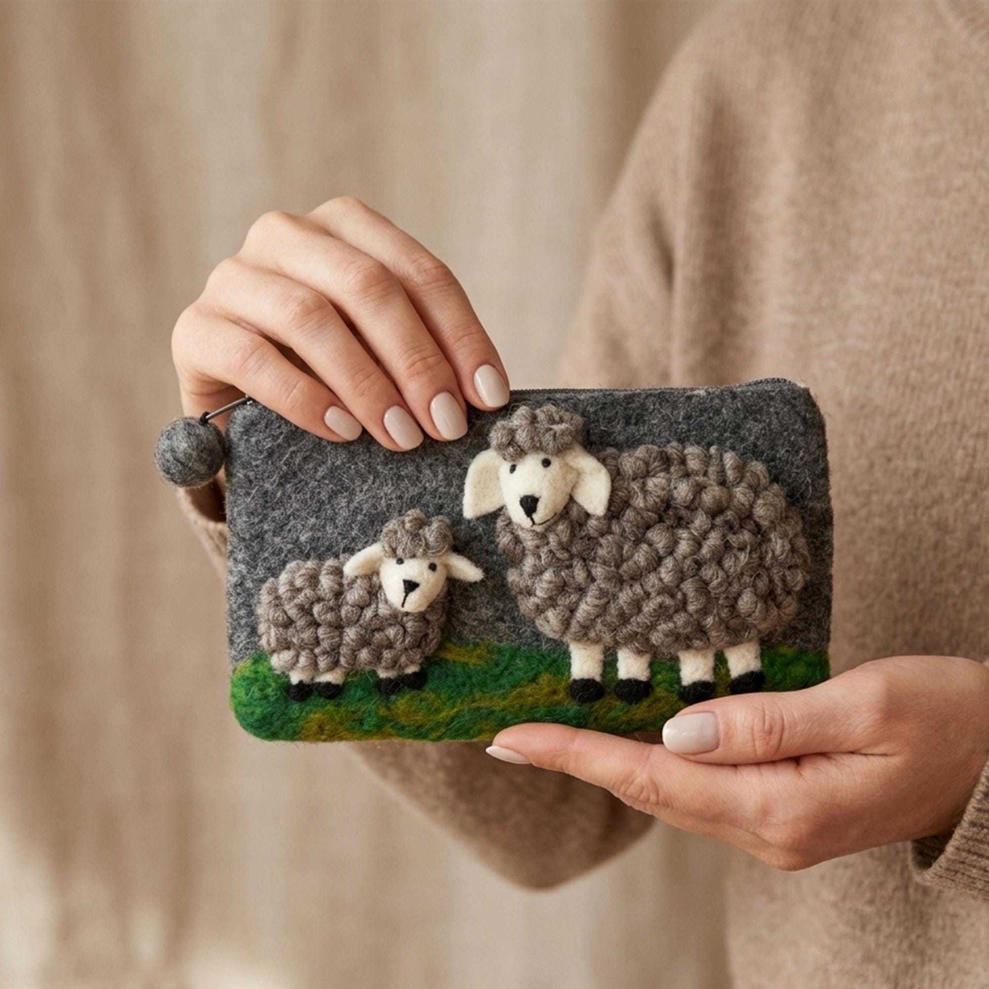 Hand Felted Wool Sheep Coin Purse Pastoral Landscape Zipper Pouch