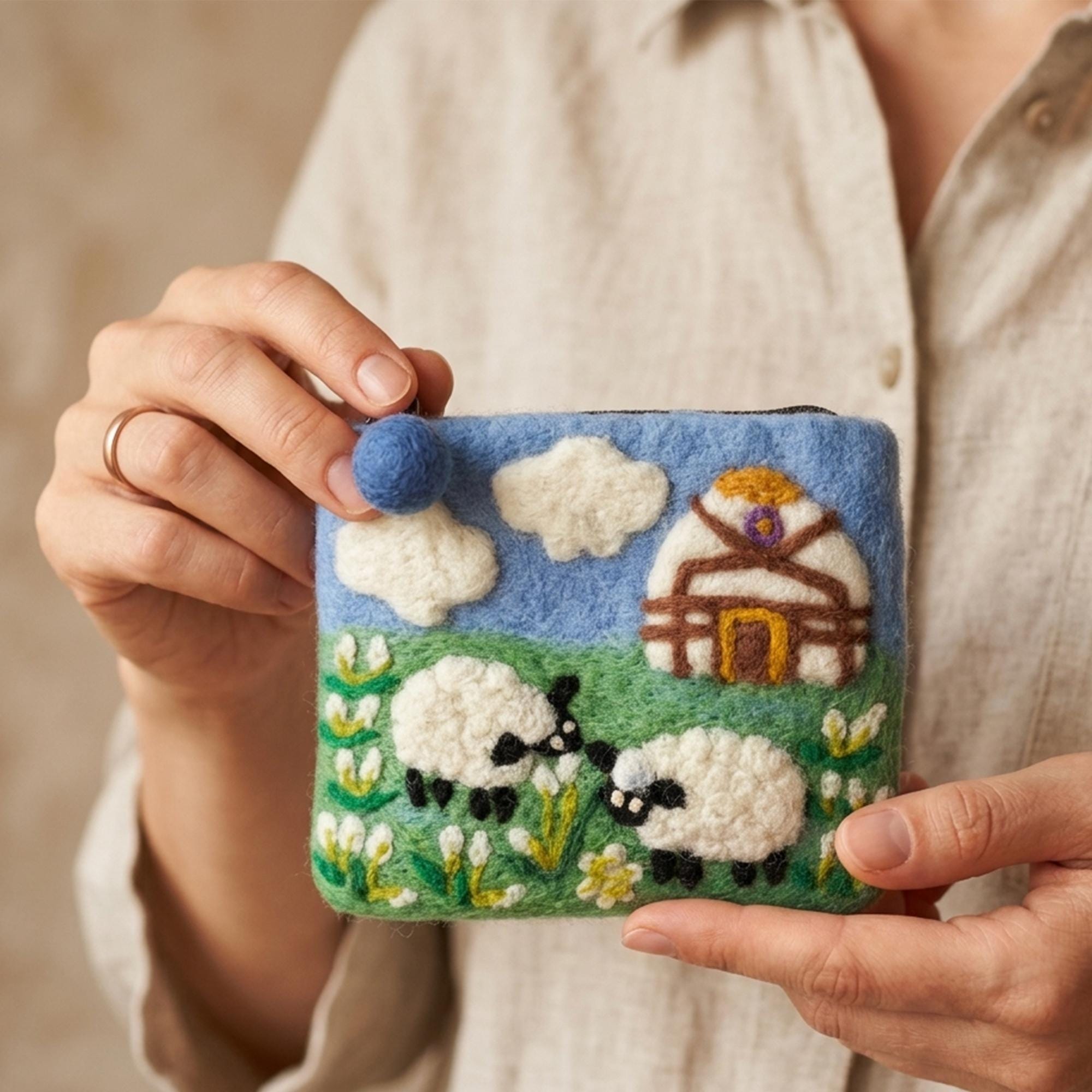 Handmade Wool Felt Coin Purse with Needle Felted Sheep and Hedgehog Design