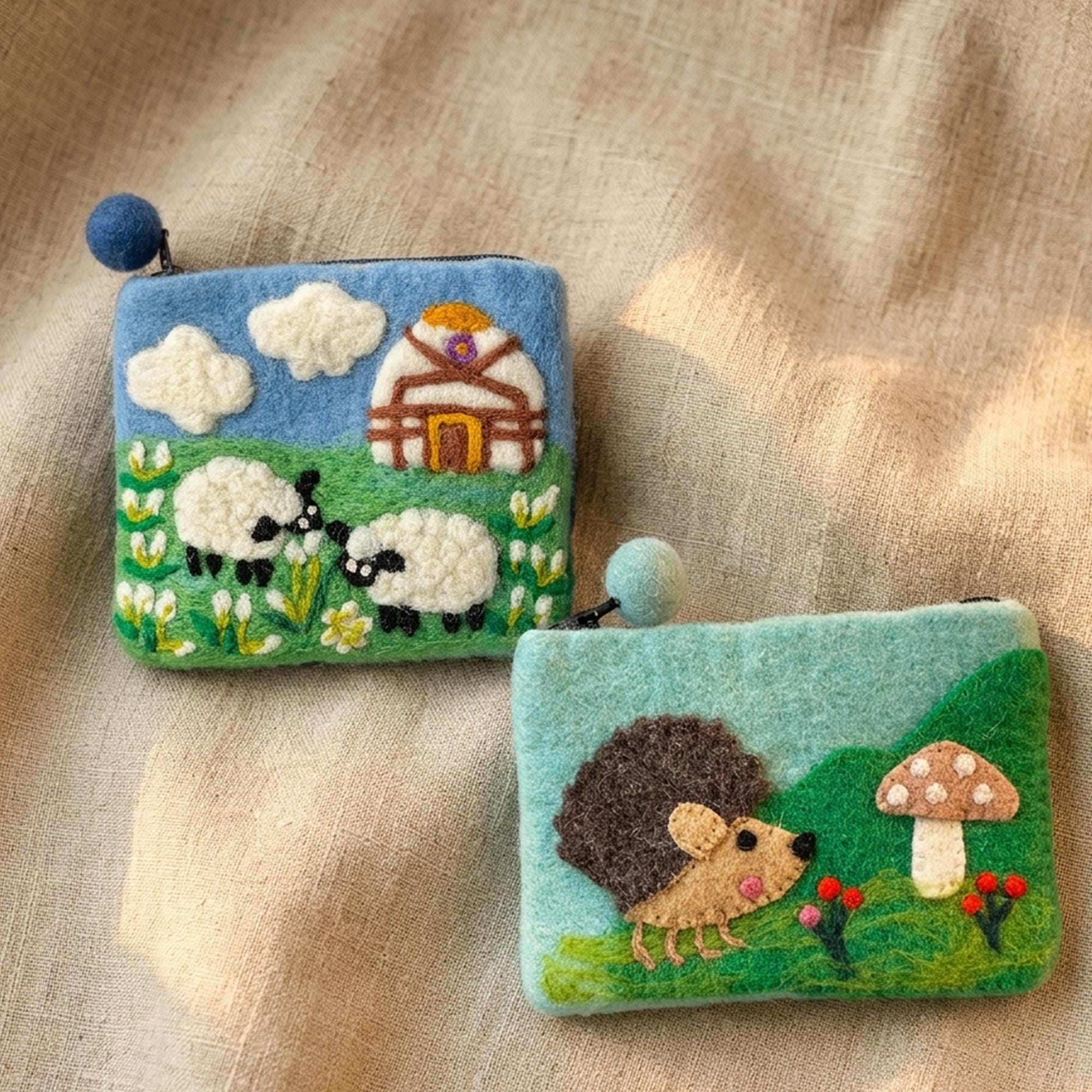 Handmade Wool Felt Coin Purse with Needle Felted Sheep and Hedgehog Design