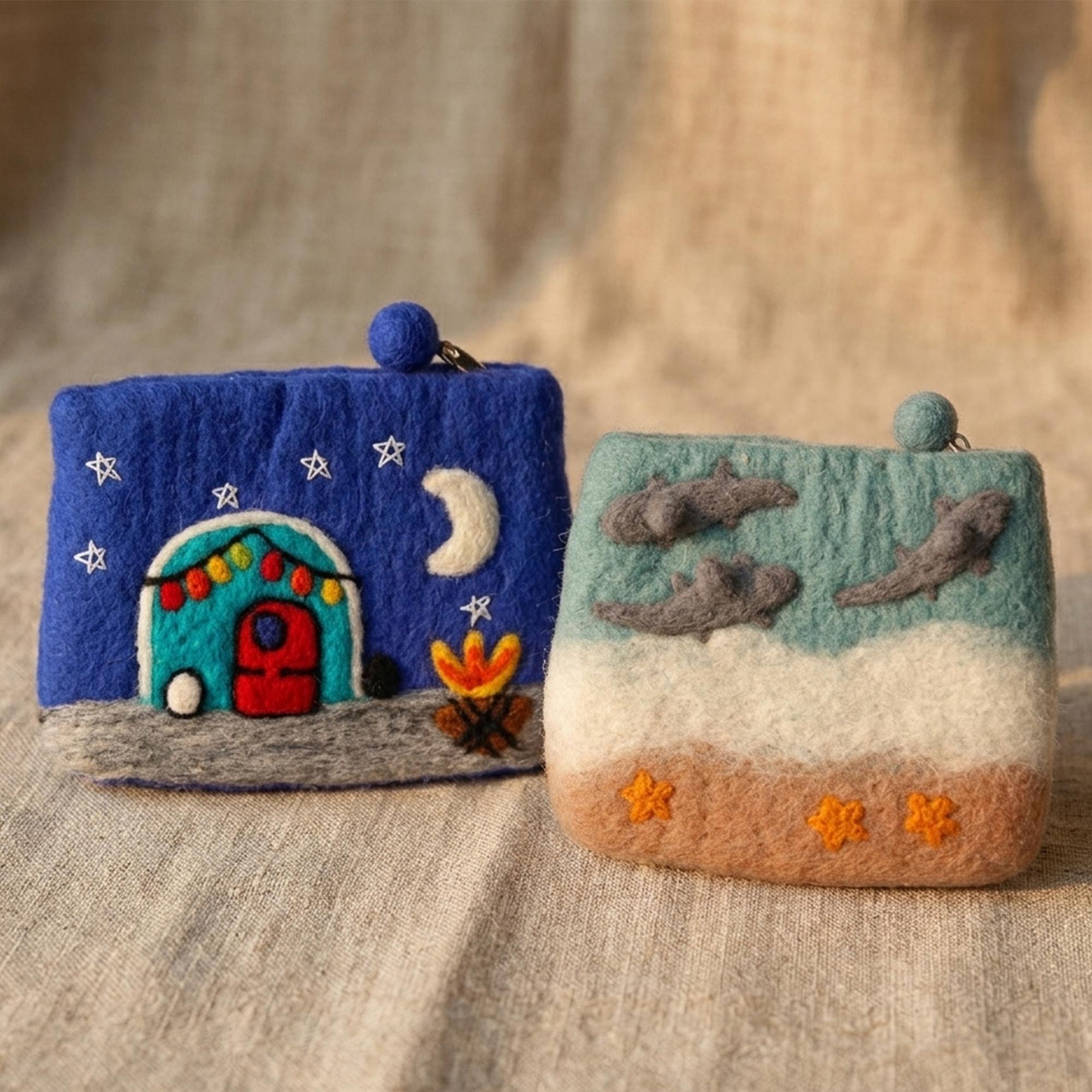 Hand Felted Wool Coin Purse Dolphin Camping Artisan Organizer