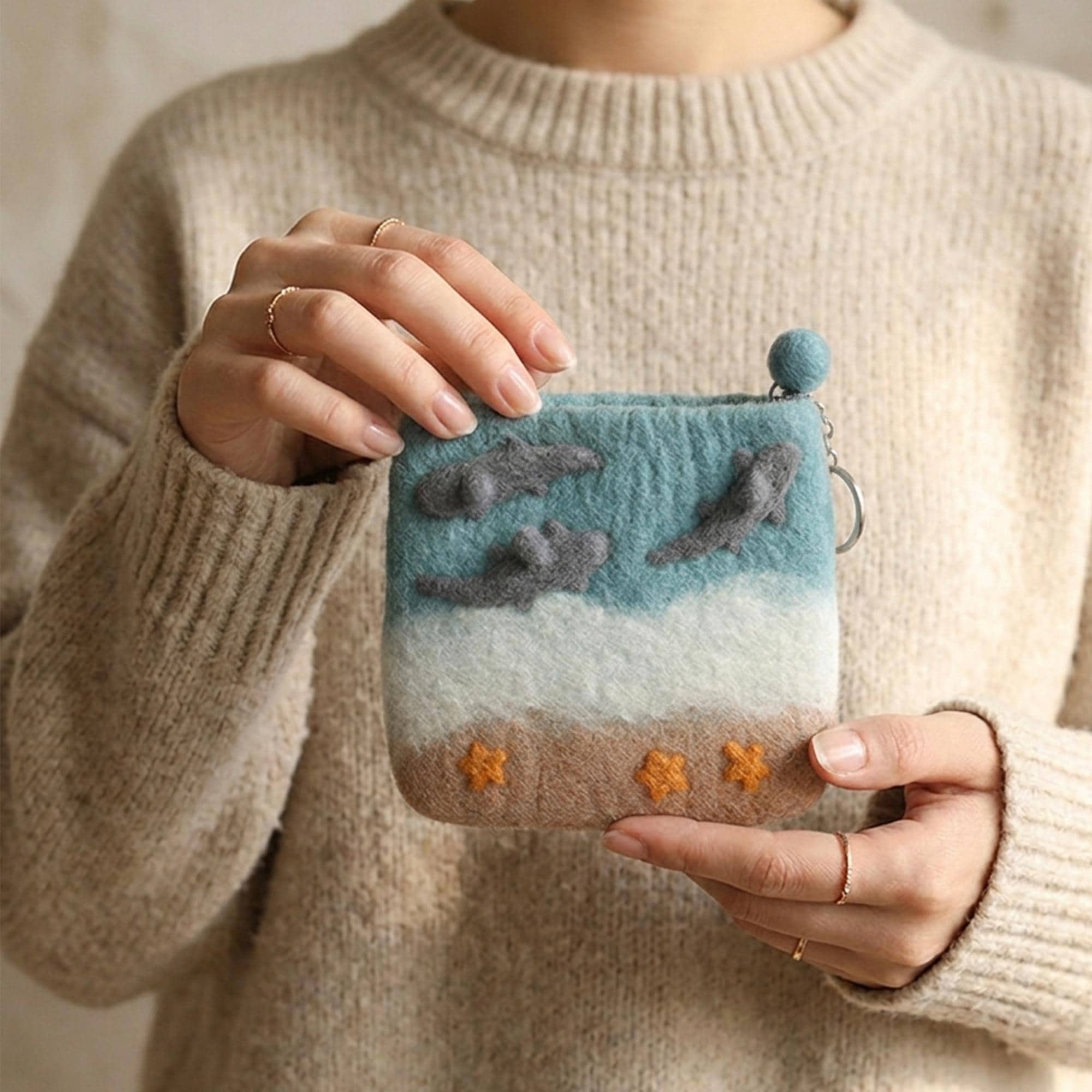Hand Felted Wool Coin Purse Dolphin Camping Artisan Organizer