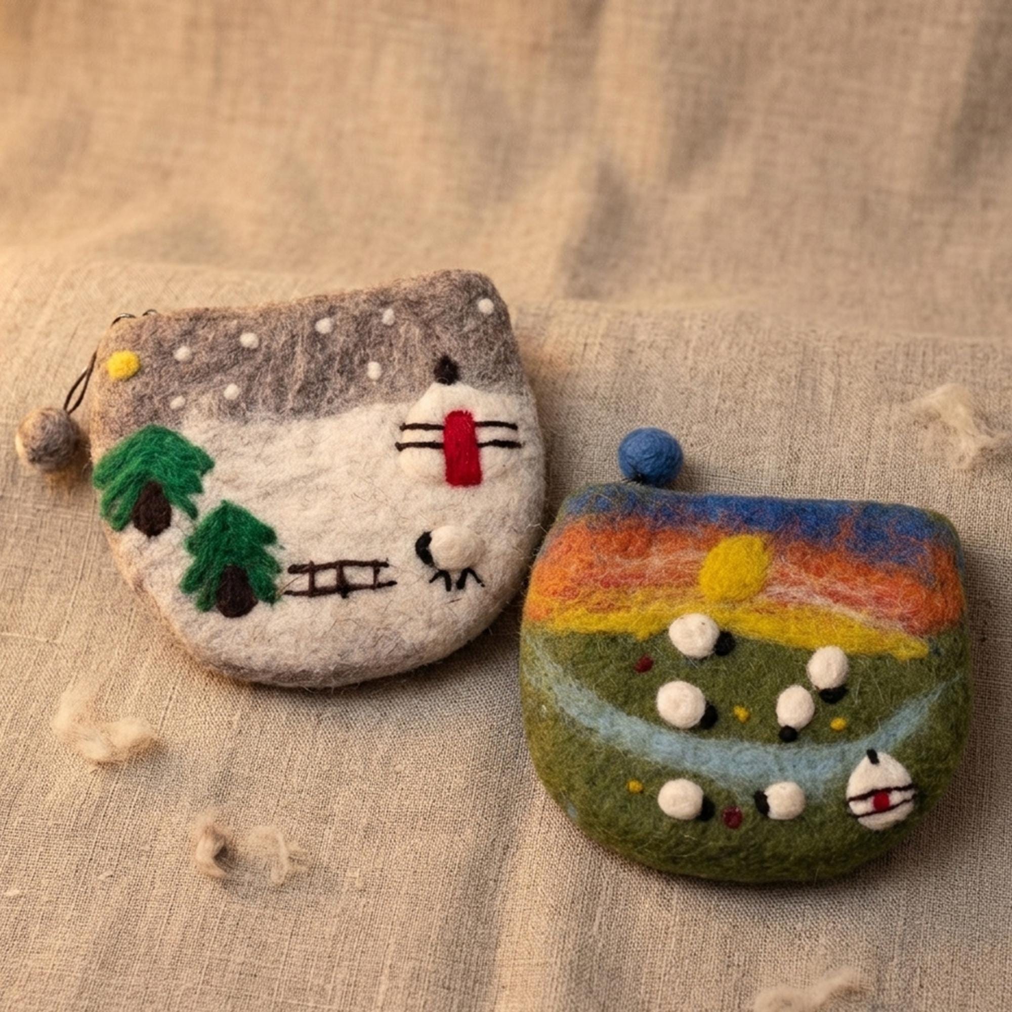 Handmade Wool Felt Scenic Coin Purse Needle Felted Sunset Meadow Ranch Pouch