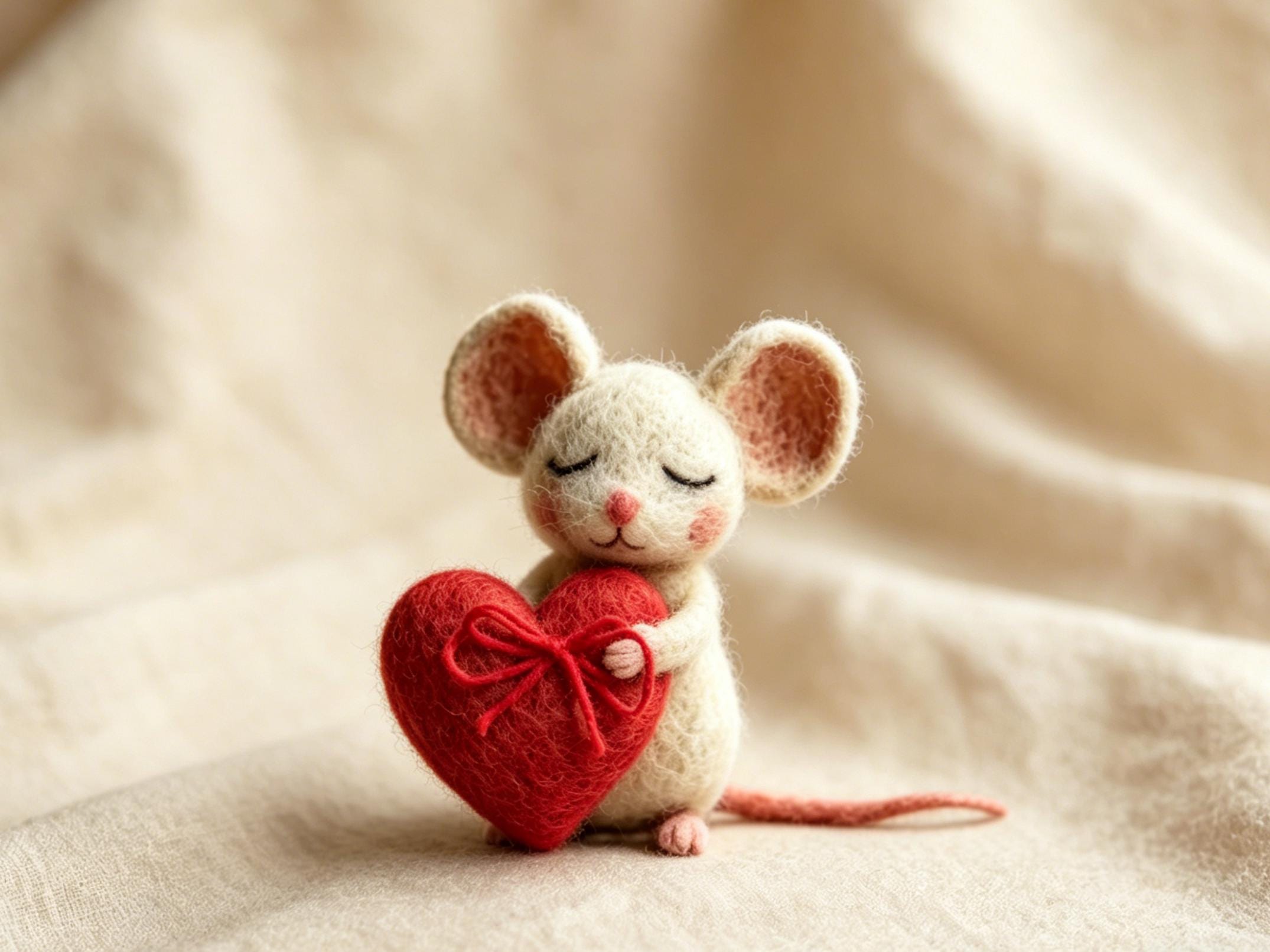 Needle Felted Wool Mouse Figurine Holding Flower Decoration