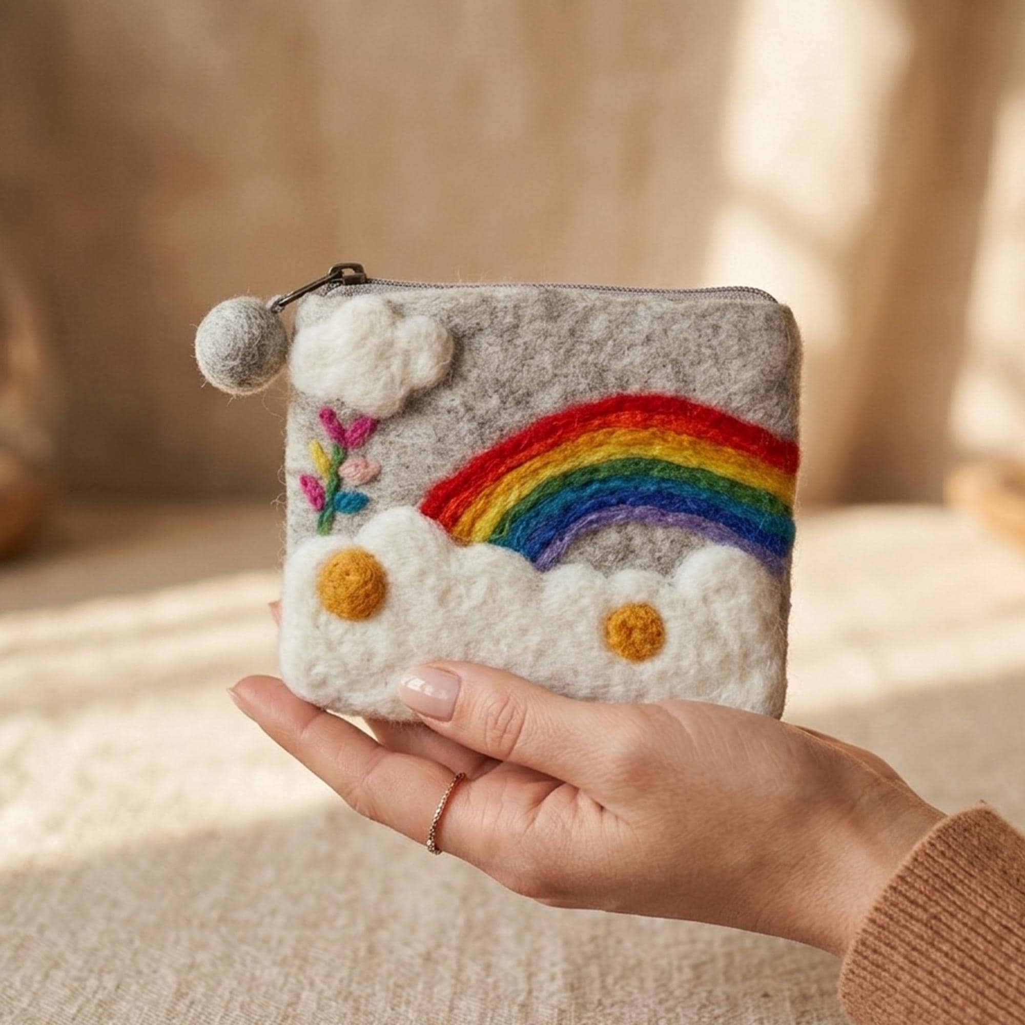 Handmade Wool Felt Coin Purse with Rainbow Cloud Needle Felted Pattern