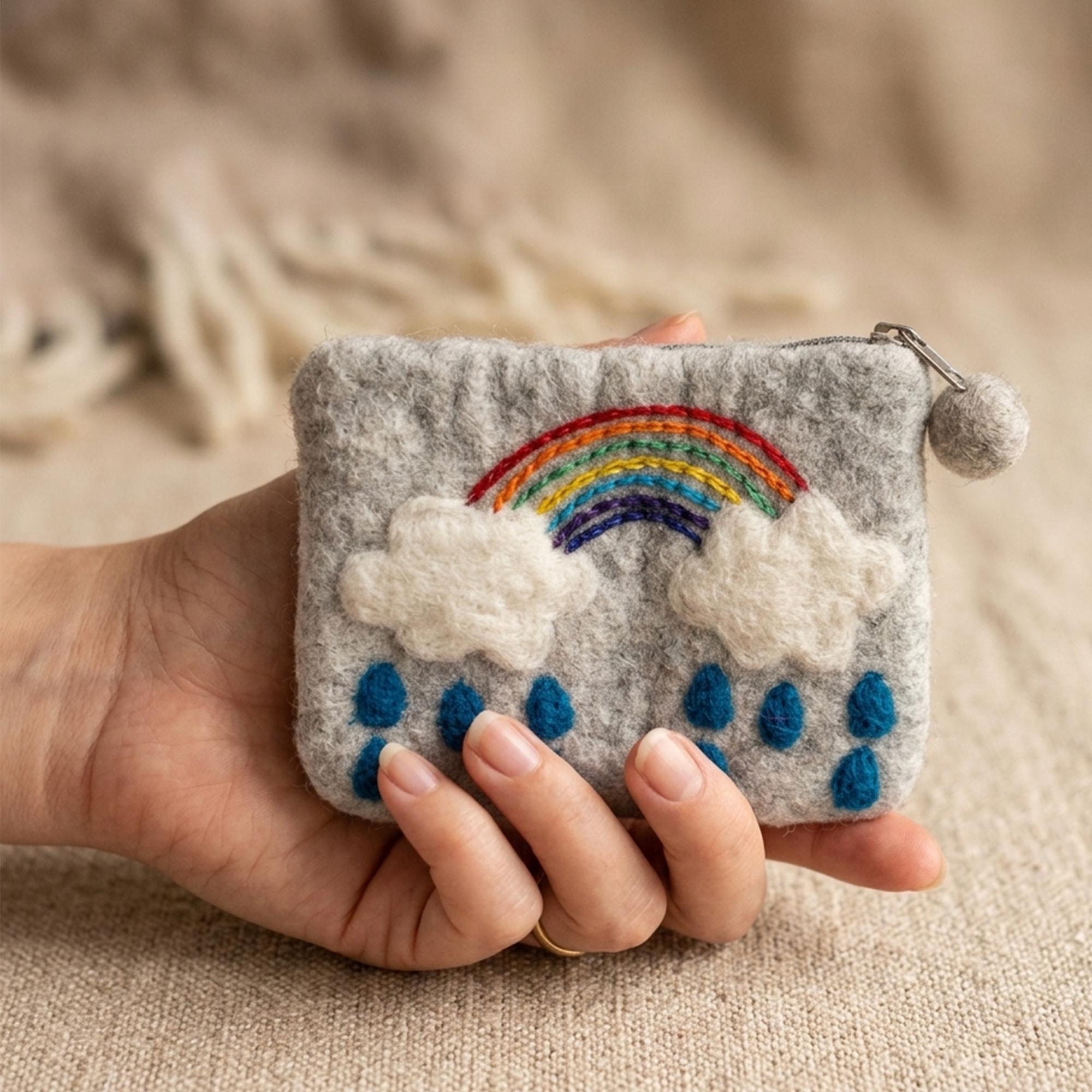 Handmade Wool Felt Coin Purse with Rainbow Cloud Needle Felted Pattern