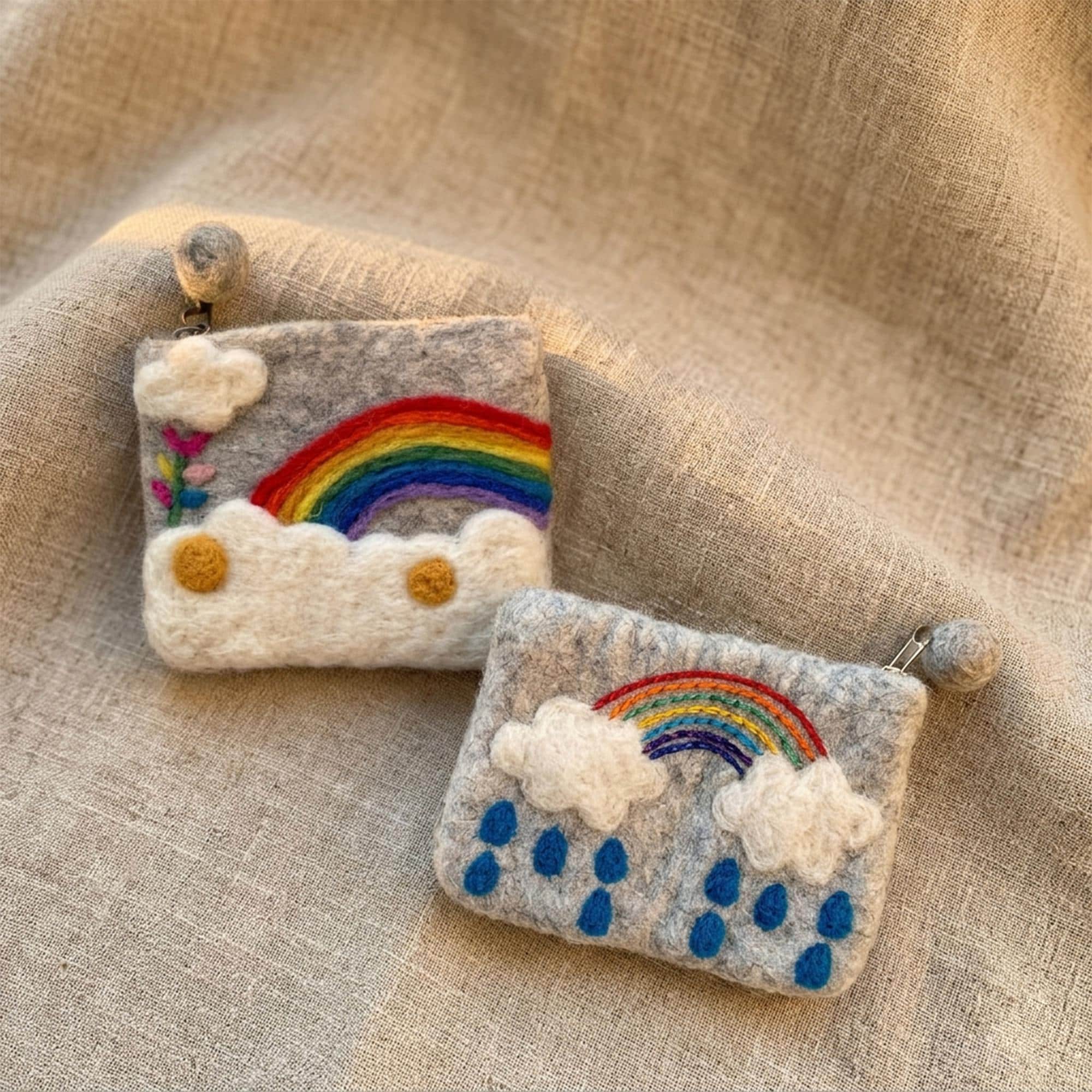 Handmade Wool Felt Coin Purse with Rainbow Cloud Needle Felted Pattern