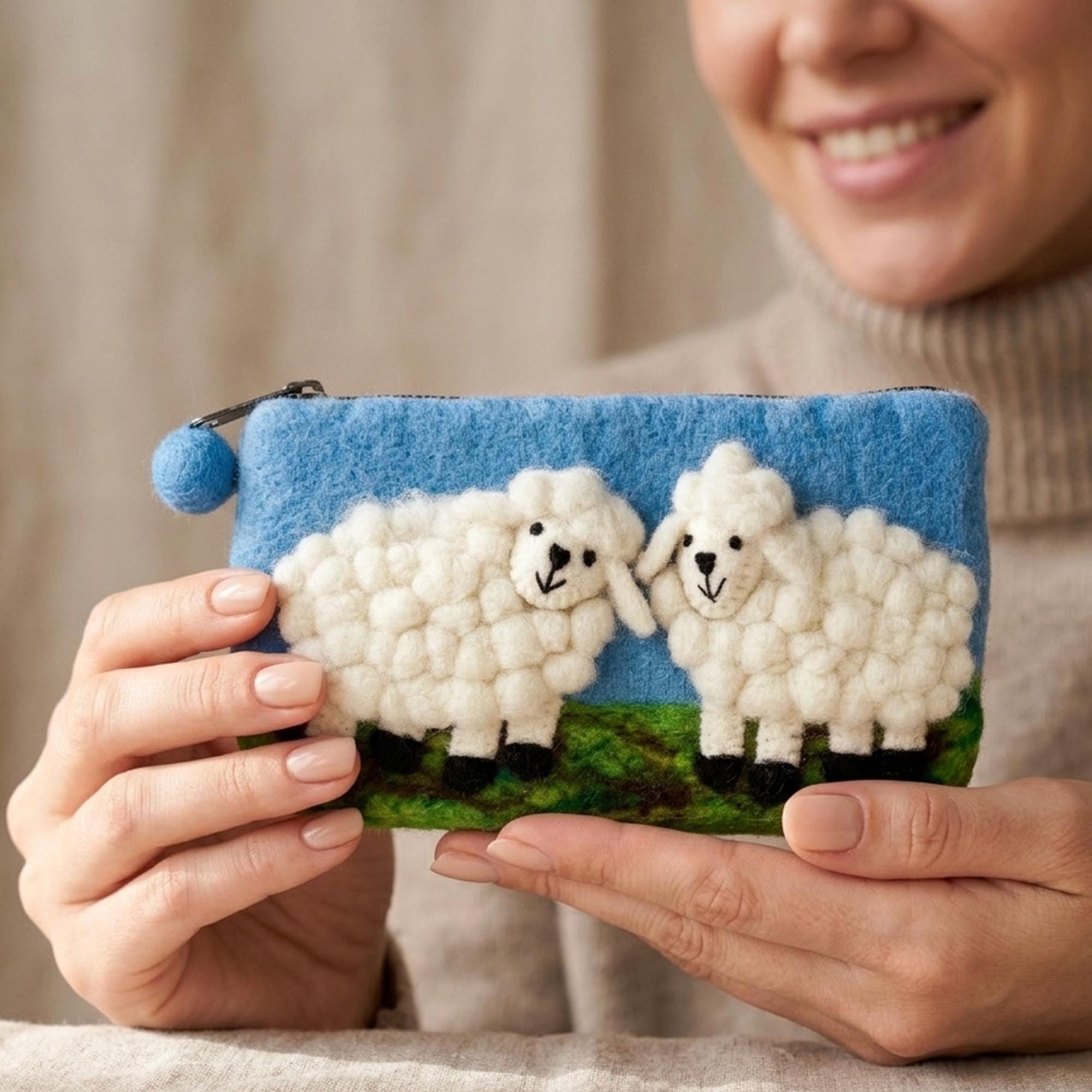 Hand Felted Wool Sheep Coin Purse Pastoral Landscape Zipper Pouch