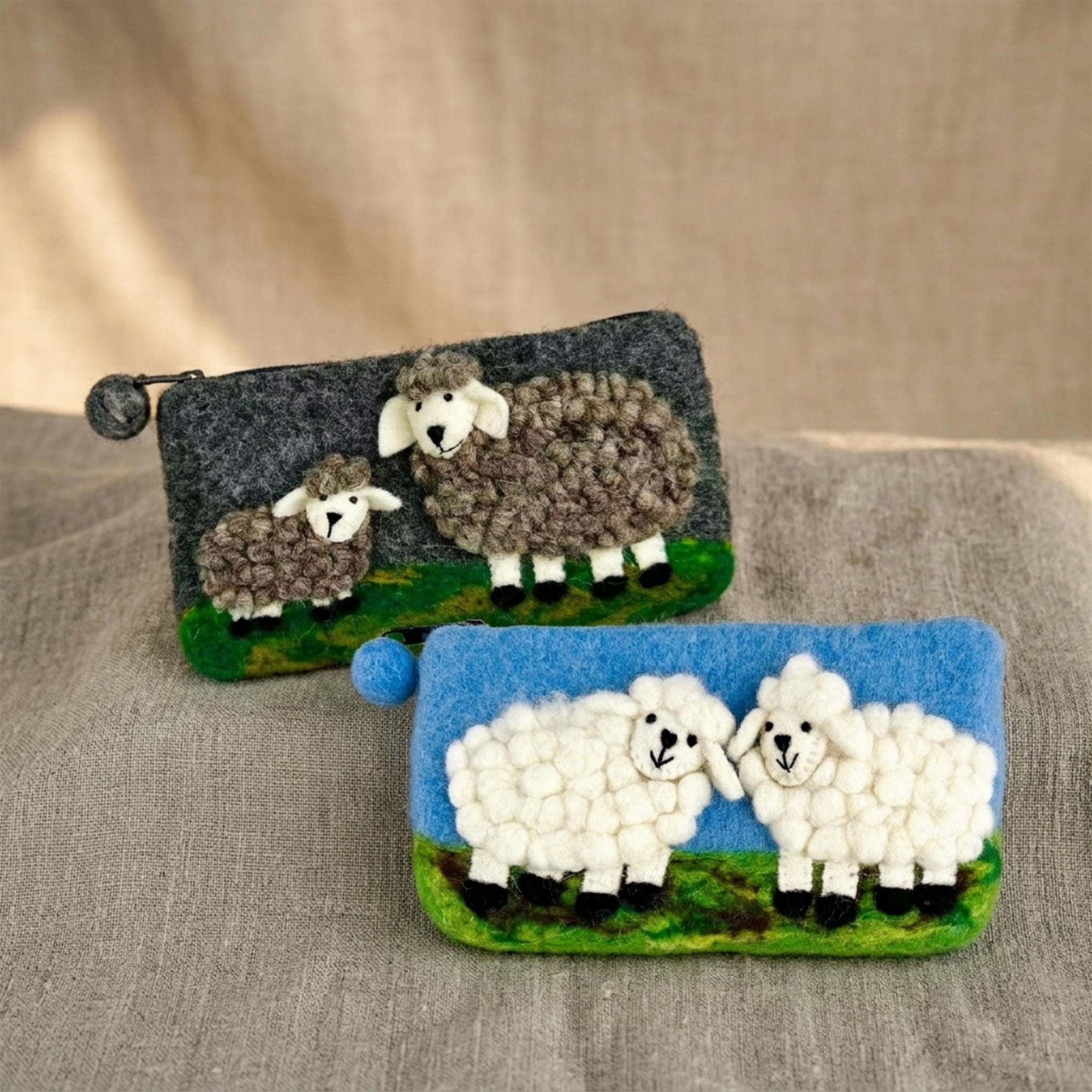 Hand Felted Wool Sheep Coin Purse Pastoral Landscape Zipper Pouch