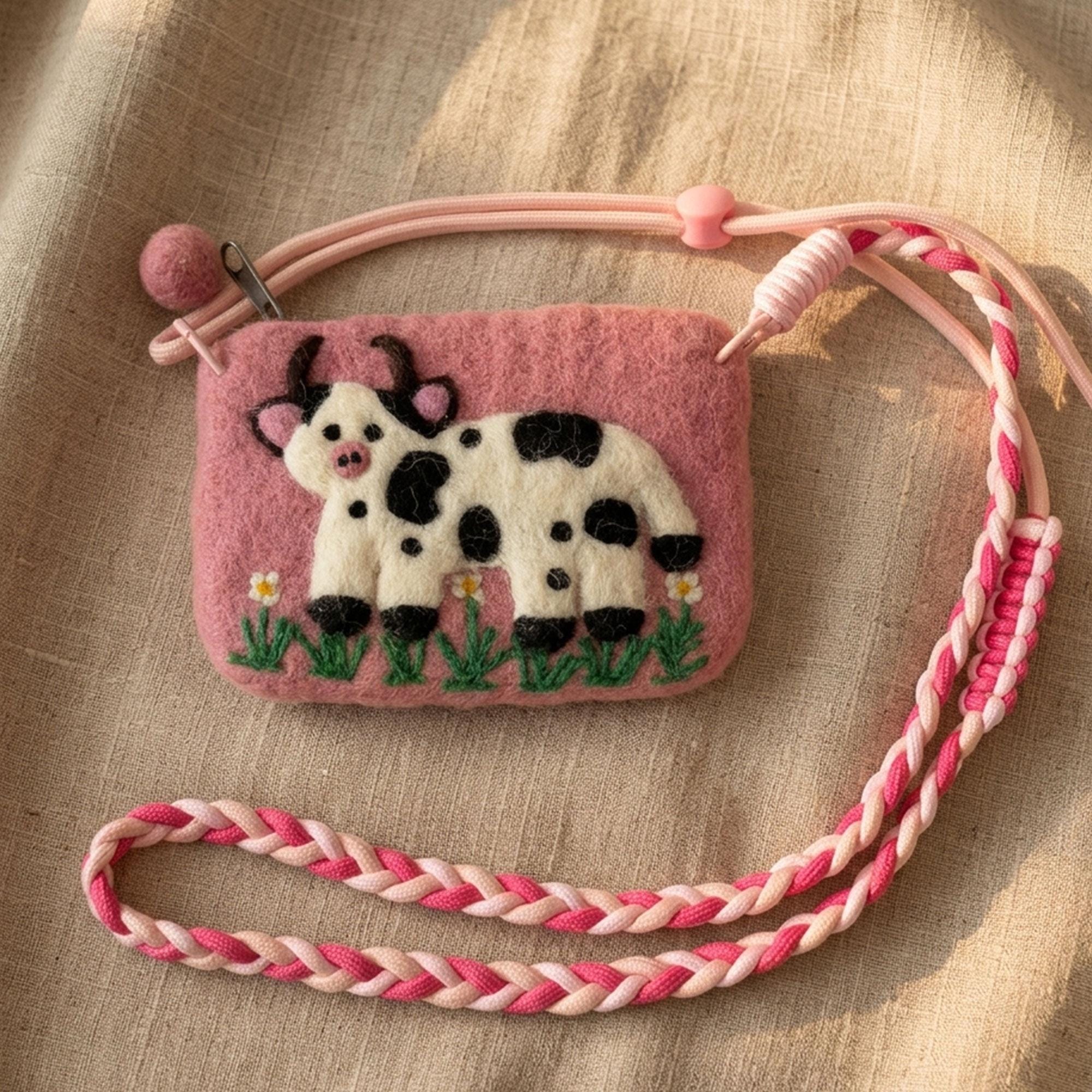 Hand Felted Wool Cow Print Coin Purse Pink White Black Spots Crossbody Pouch