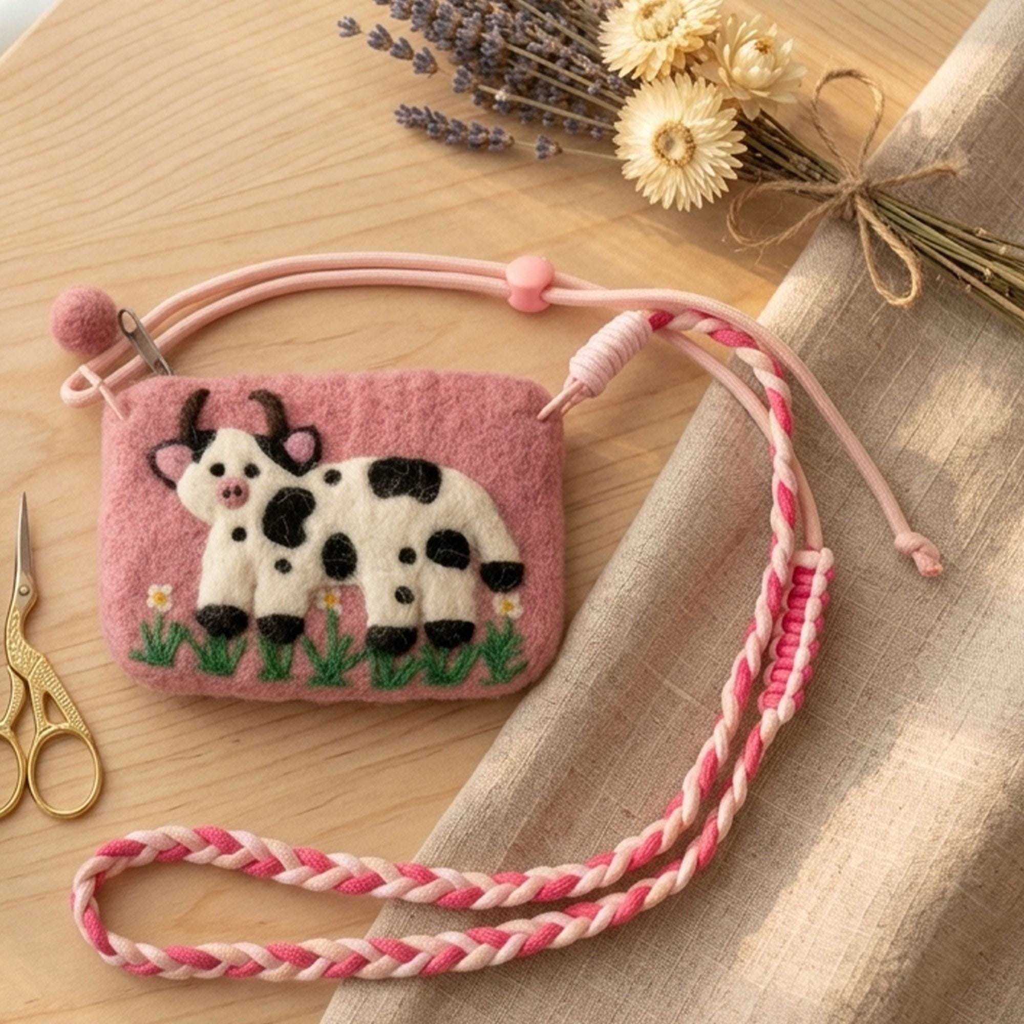 Hand Felted Wool Cow Print Coin Purse Pink White Black Spots Crossbody Pouch