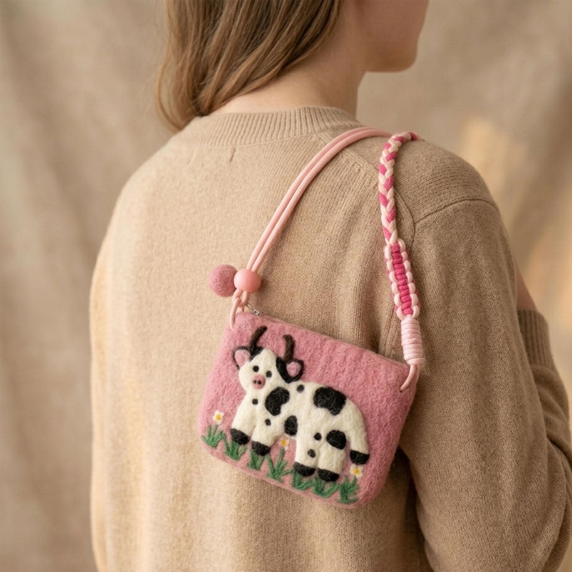 Hand Felted Wool Cow Print Coin Purse Pink White Black Spots Crossbody Pouch