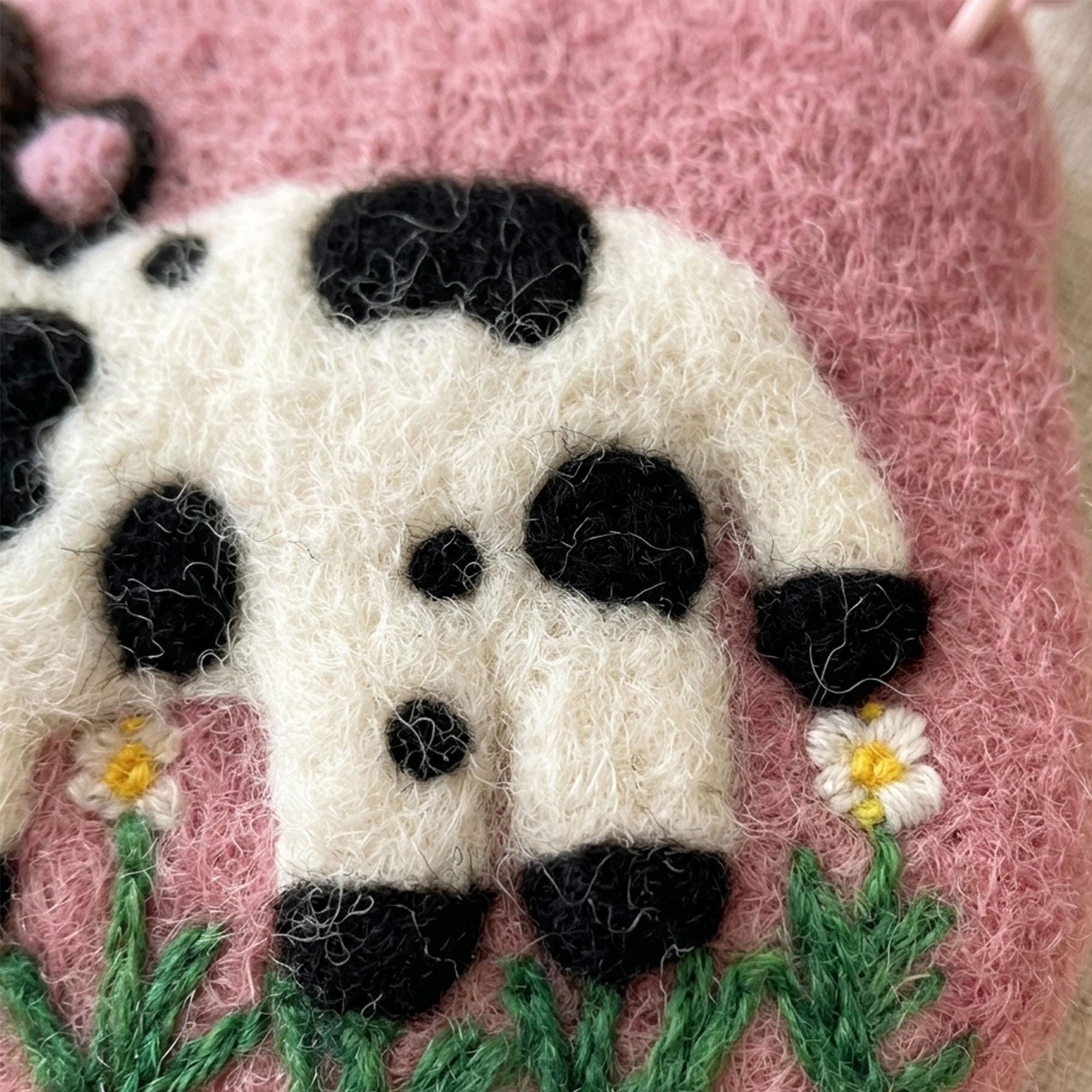 Hand Felted Wool Cow Print Coin Purse Pink White Black Spots Crossbody Pouch