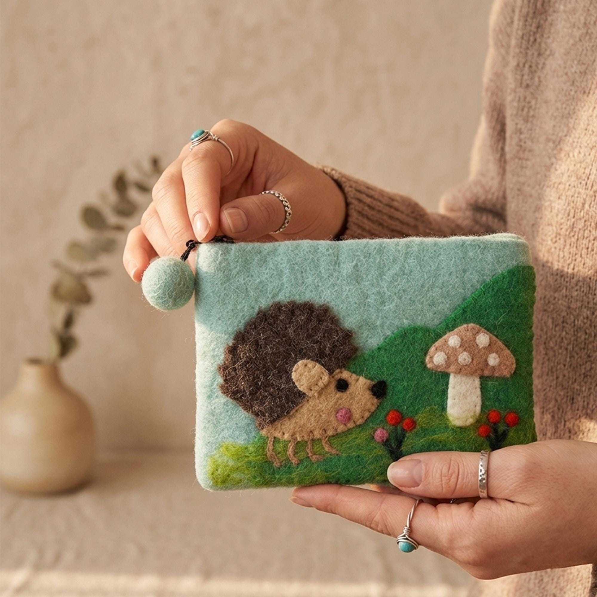 Handmade Wool Felt Coin Purse with Needle Felted Sheep and Hedgehog Design