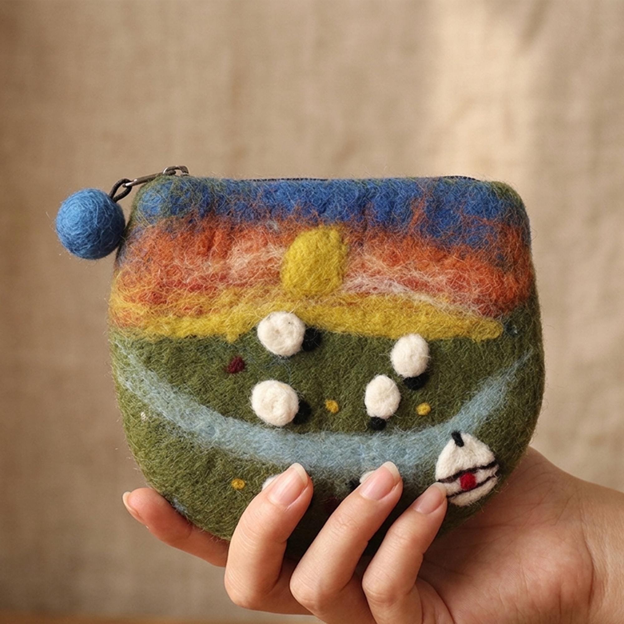 Handmade Wool Felt Scenic Coin Purse Needle Felted Sunset Meadow Ranch Pouch