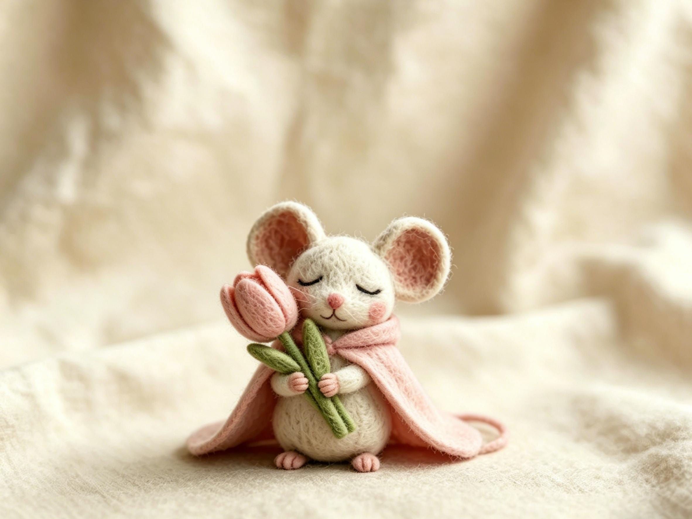 Needle Felted Wool Mouse Figurine Holding Flower Decoration