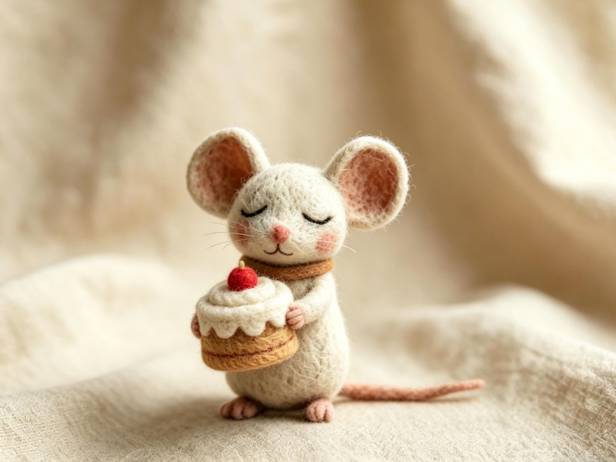 Needle Felted Wool Mouse Figurine Holding Flower Decoration
