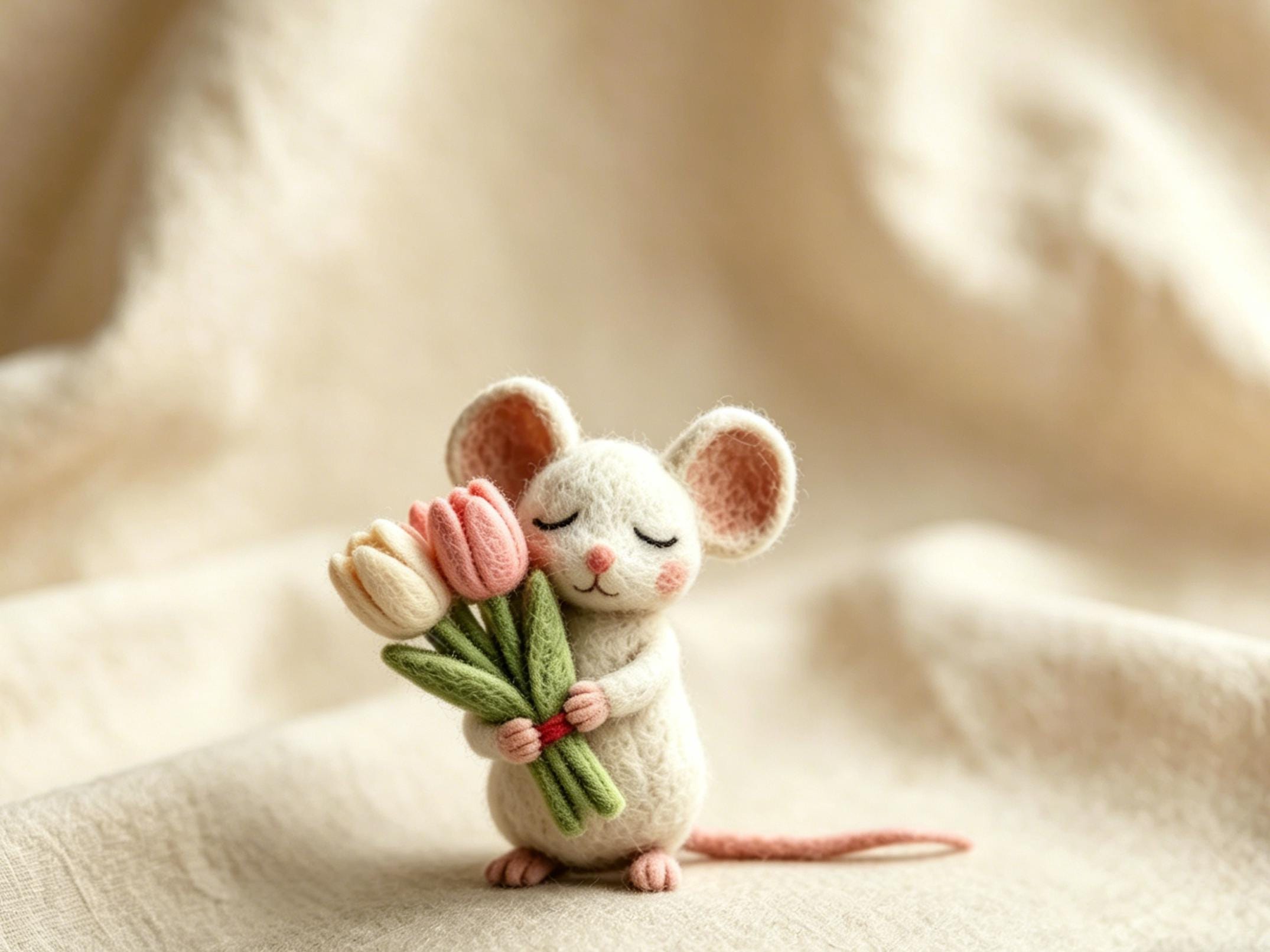 Needle Felted Wool Mouse Figurine Holding Flower Decoration