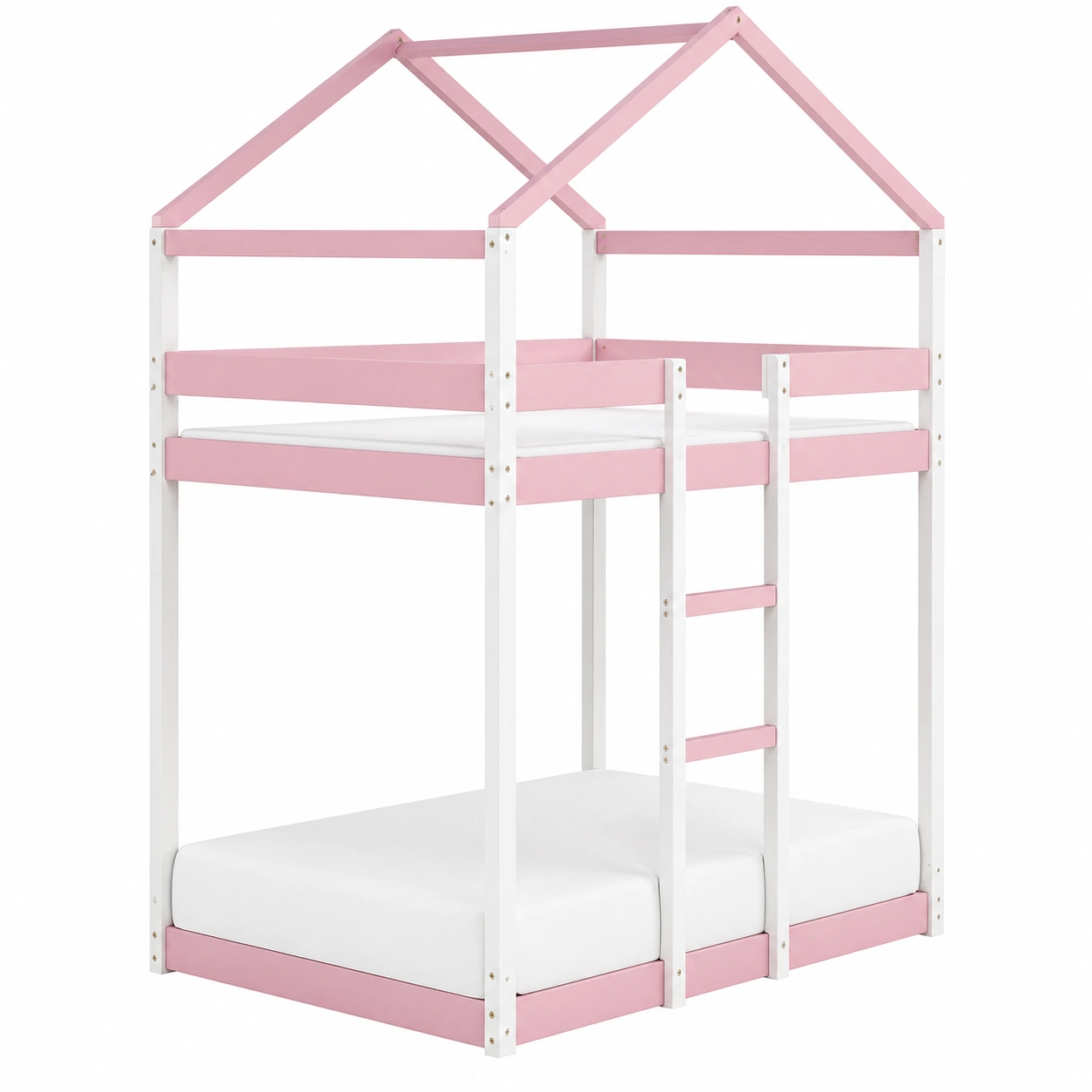 Litera infantil estilo casa en madera maciza 90x200 cm Blanco y Rosa moderno-ordersero