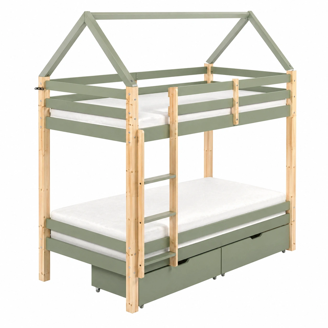 Litera infantil estilo casa con cajones y escalera integrada 90 × 200 cm Verde oliva natural-ordersero