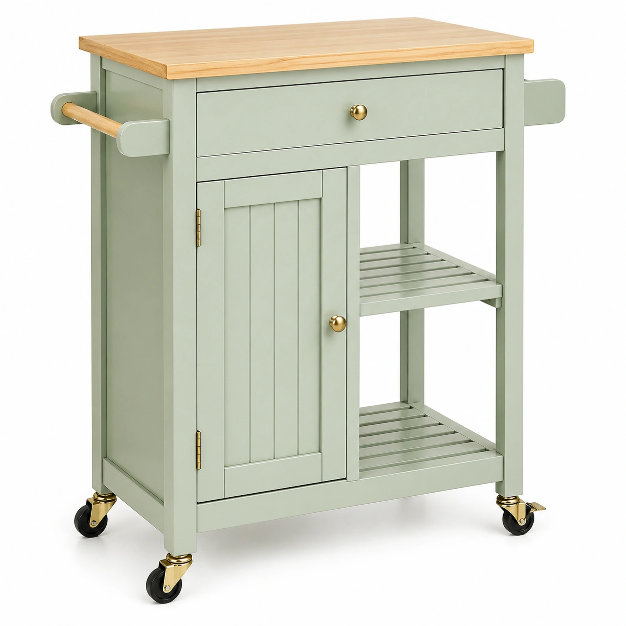 Carrito de cocina con cajón y armario color verde oliva con encimera de madera-ordersero