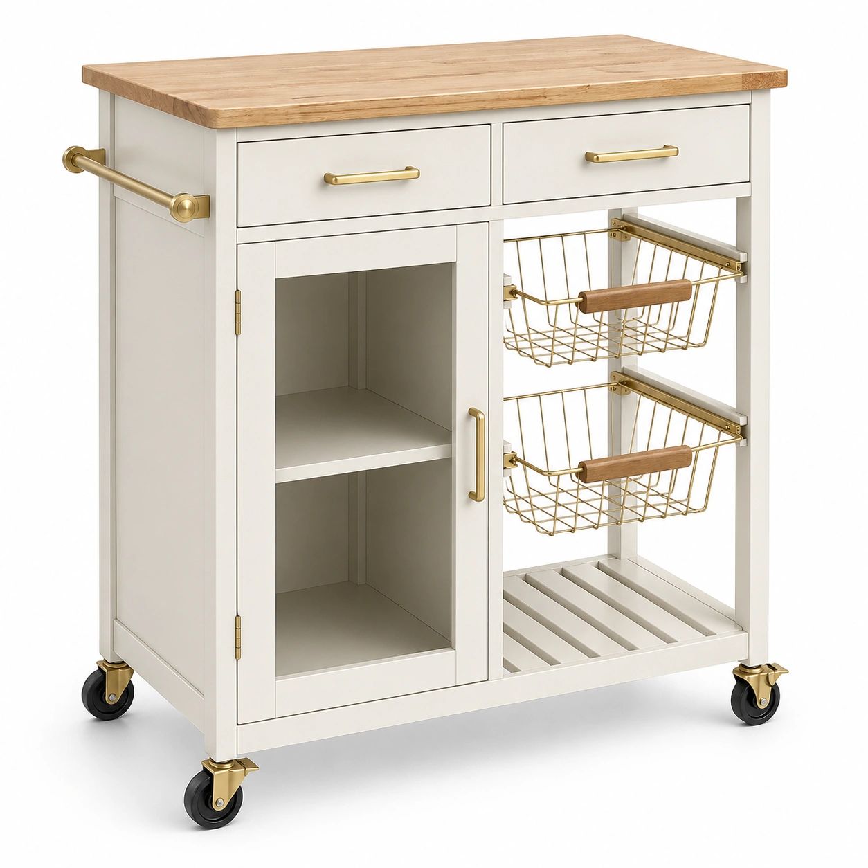 Carrito de cocina multifuncional con armario, cajones y cestas deslizantes acabado blanco elegante-ordersero
