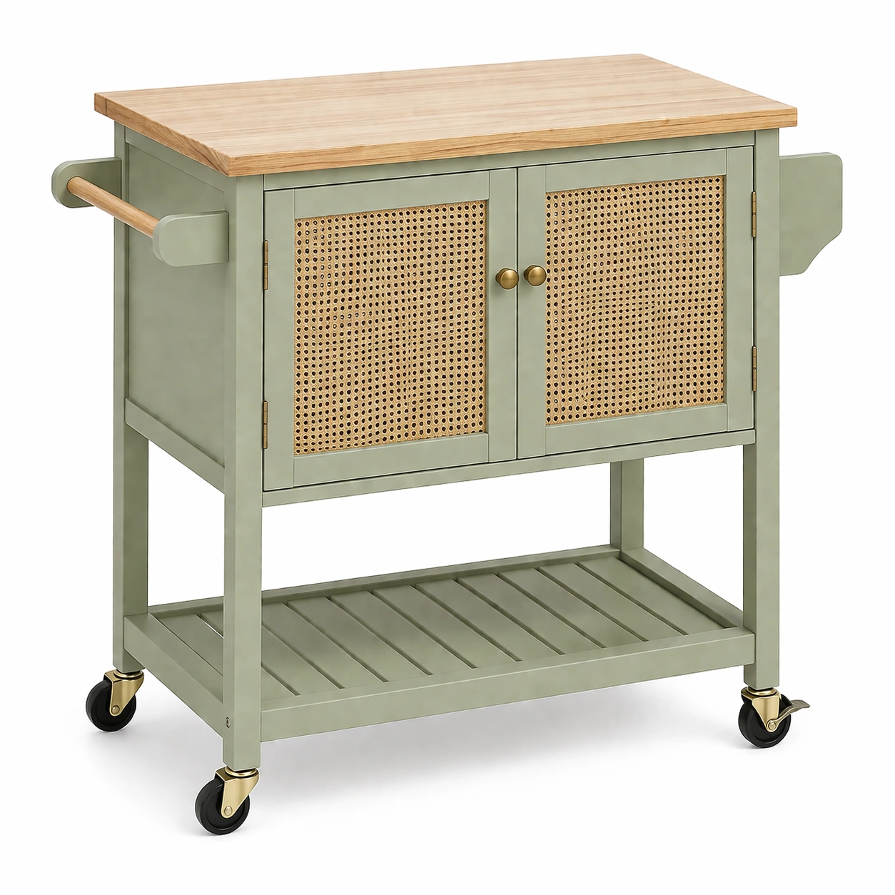 Carrito de cocina multifuncional con puertas de rejilla y encimera de madera Verde oliva-ordersero