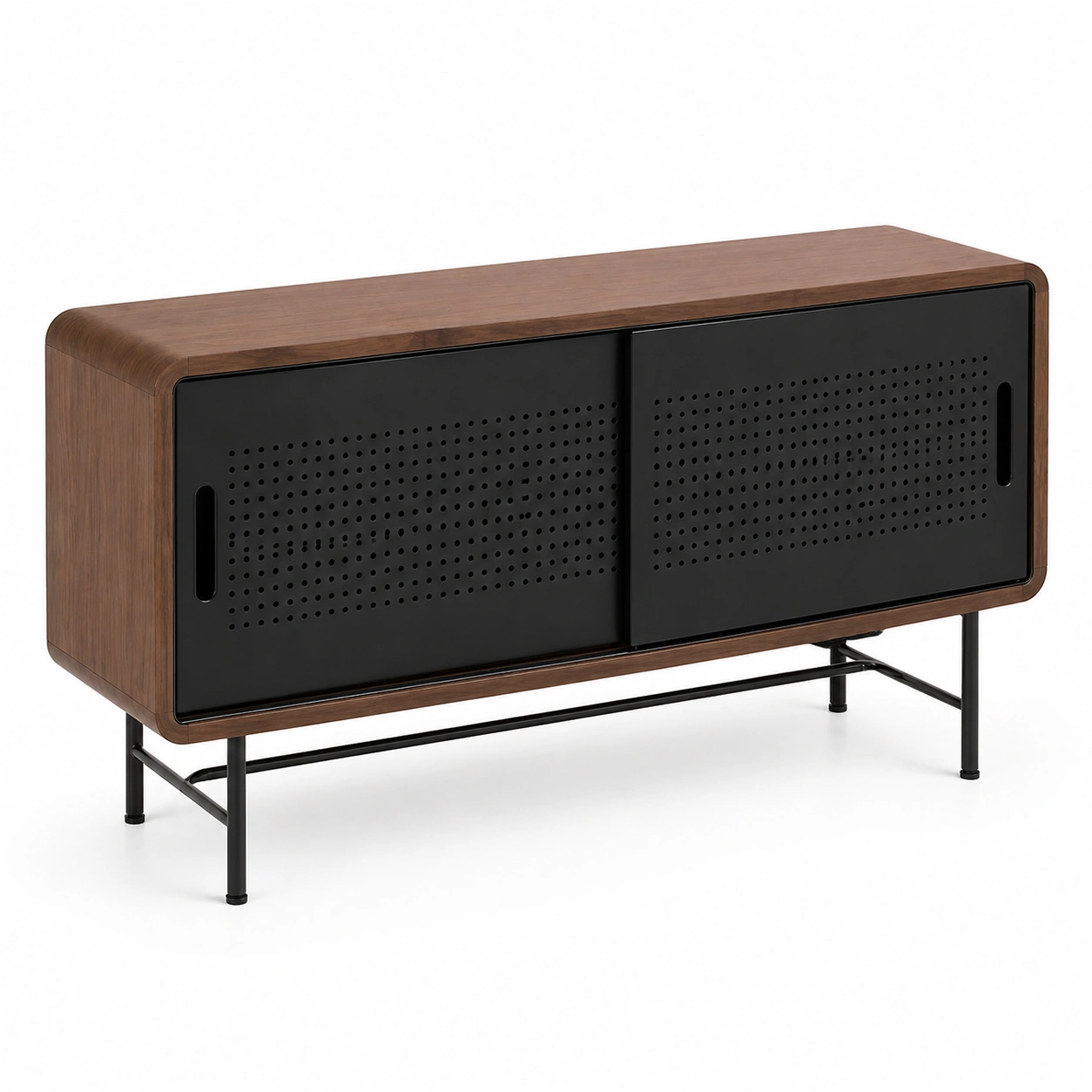 Aparador moderno industrial con puertas metálicas perforadas y acabado madera oscura-ordersero