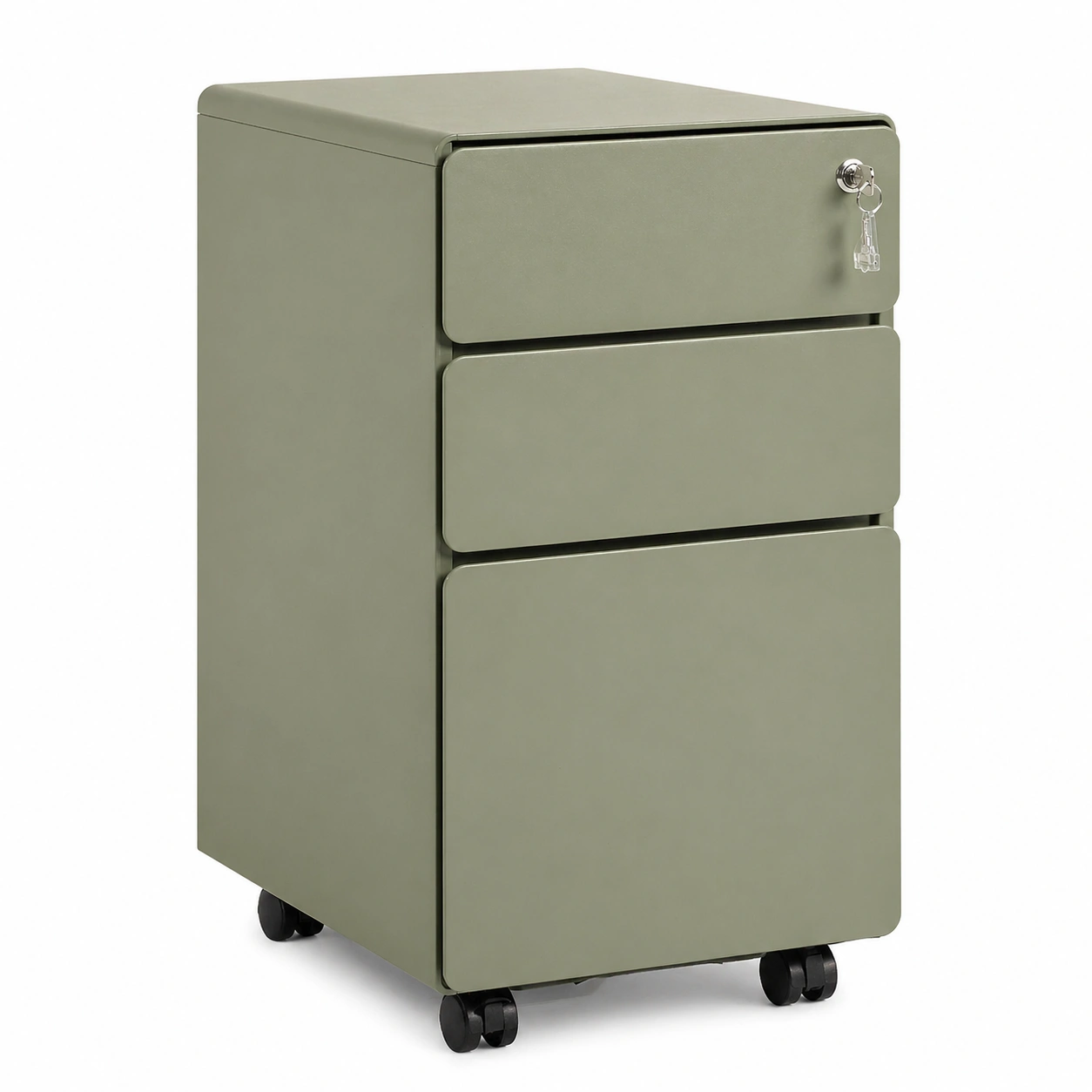 Cajonera metálica compacta con ruedas y cerradura color verde oliva-ordersero