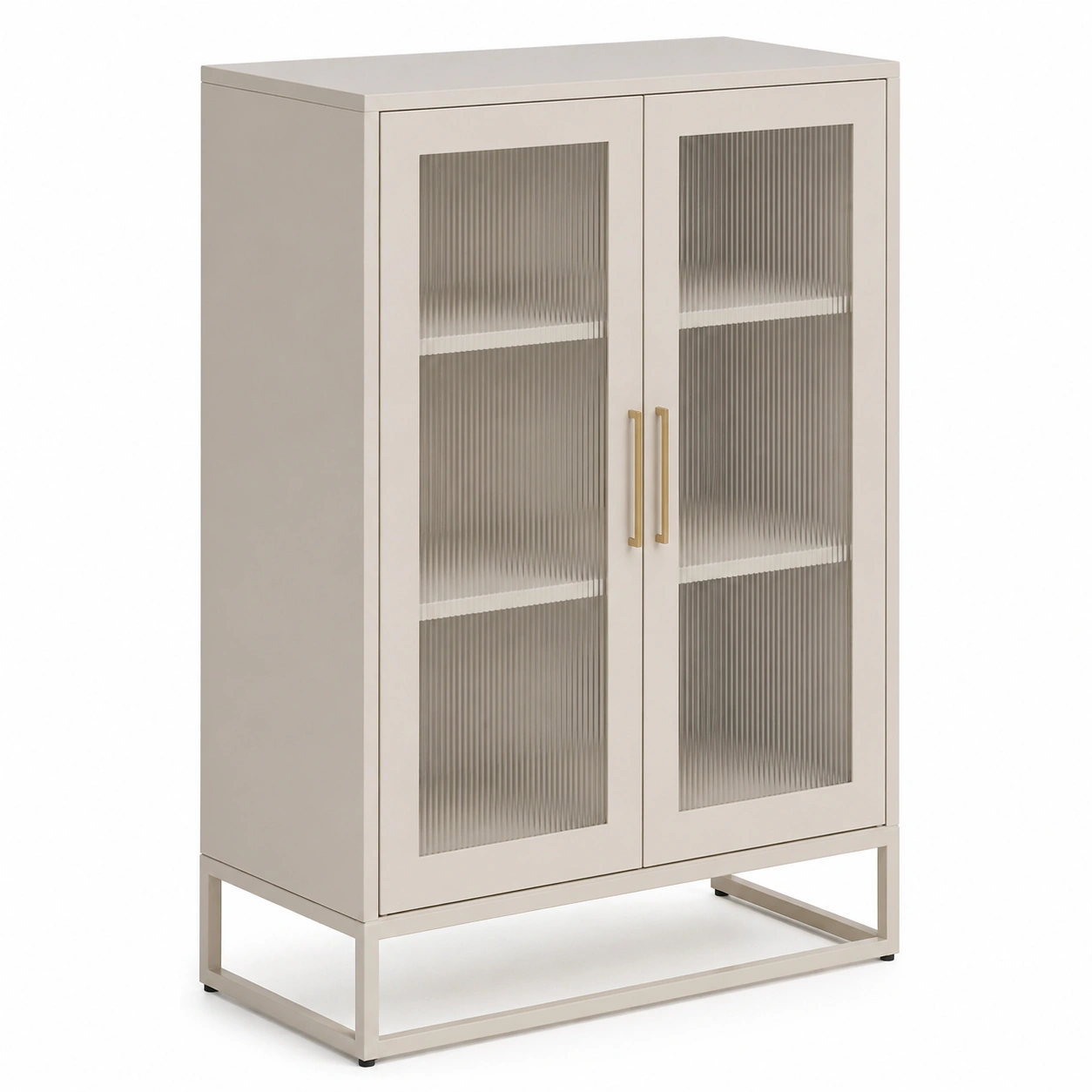 Armario de oficina metálico con puertas de vidrio texturizado y base abierta en color beige claro-ordersero