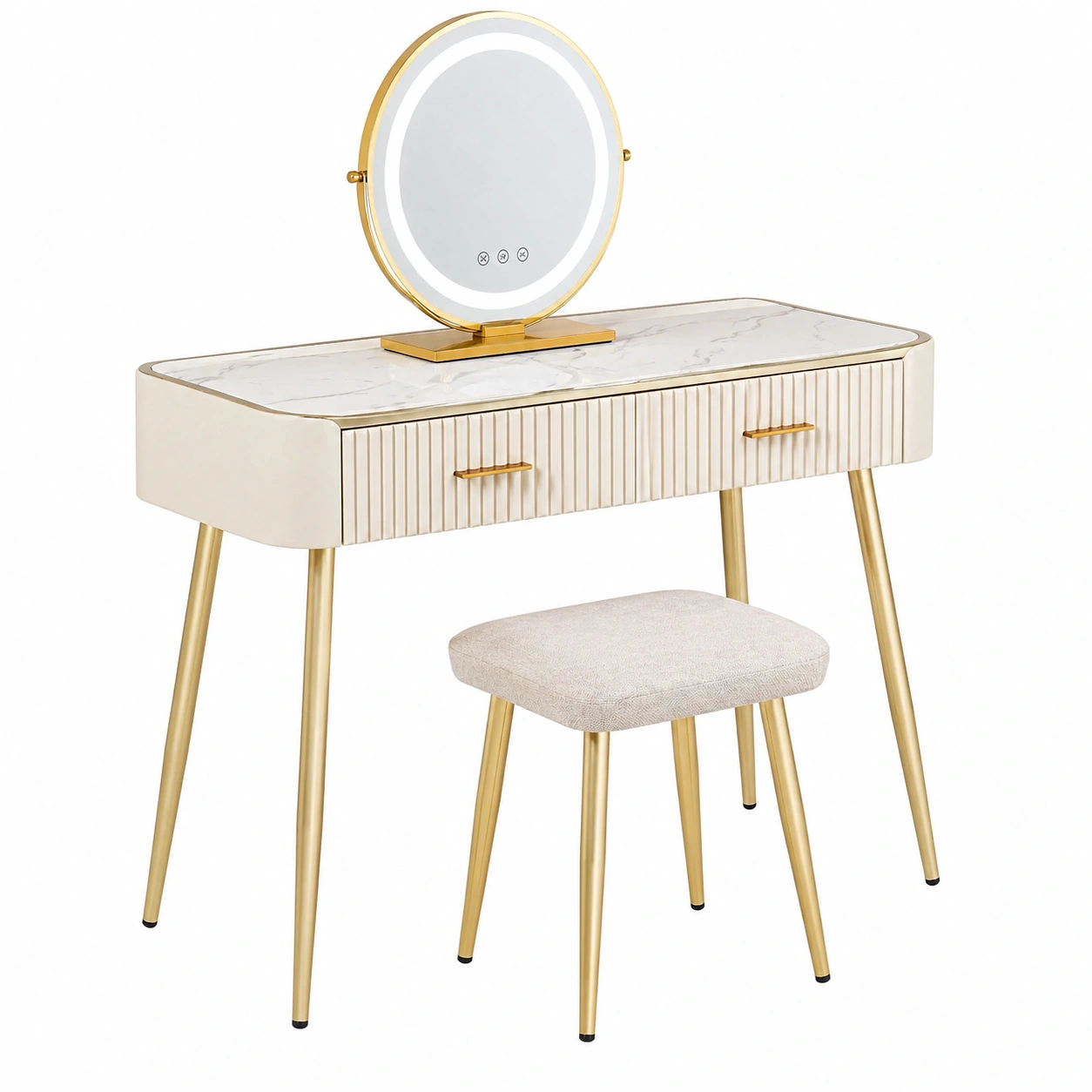 Tocador moderno con espejo LED y taburete elegante color crema-ordernovae