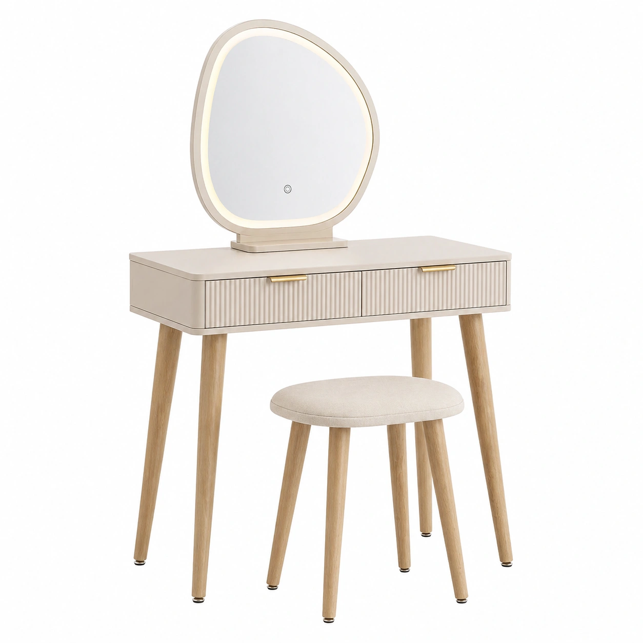 Tocador moderno con espejo LED y taburete – Dise?o elegante en beige natural-ordernovae